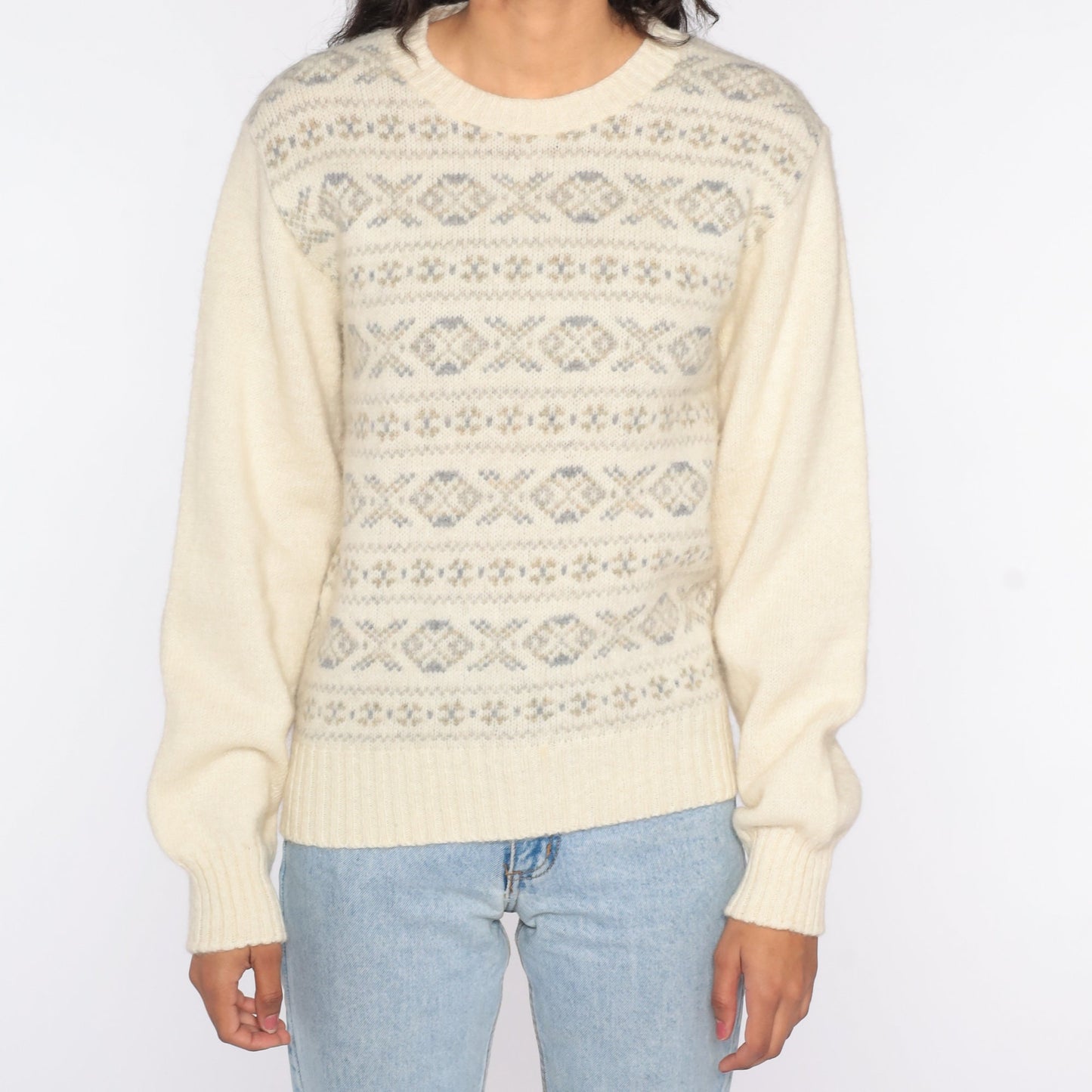 80s Cream Geometric Wool Blend Sweater Knit Pullover Medium