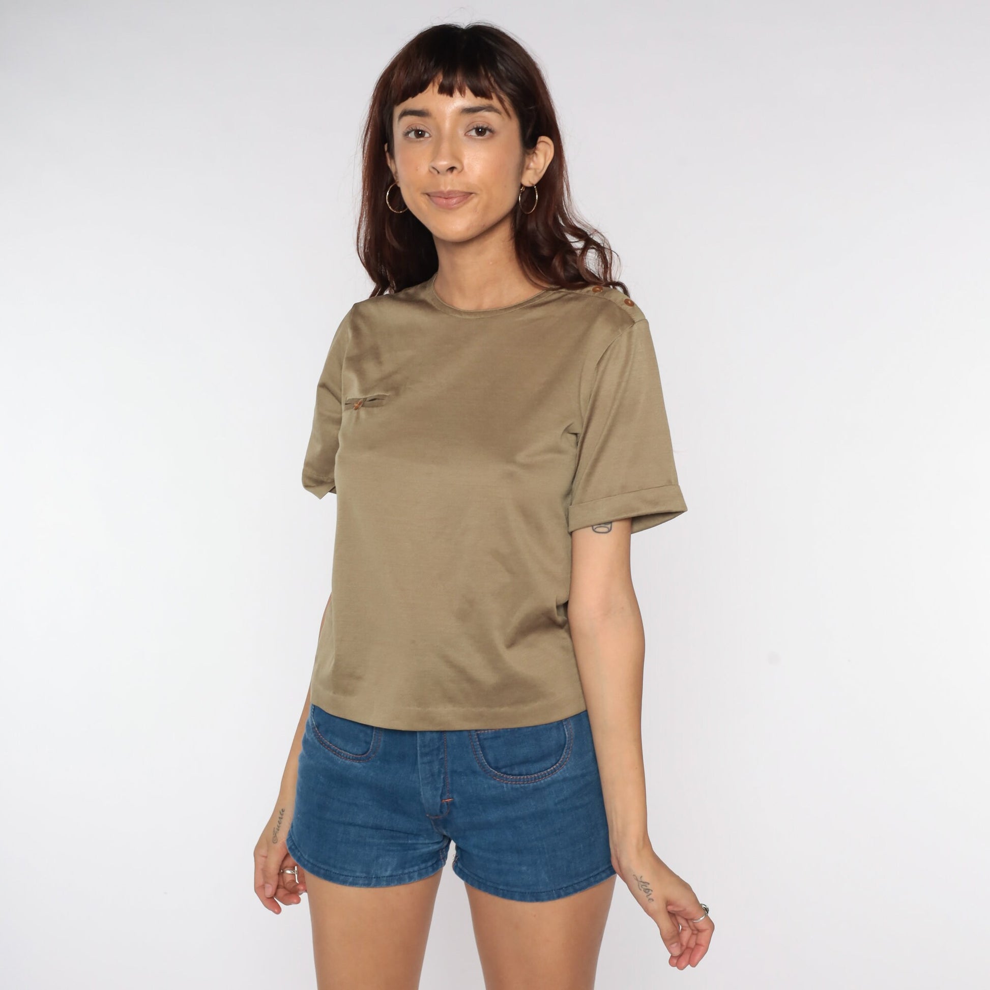 80s Brown Cotton T-Shirt Cuffed Sleeves Pocket Tee Small Medium