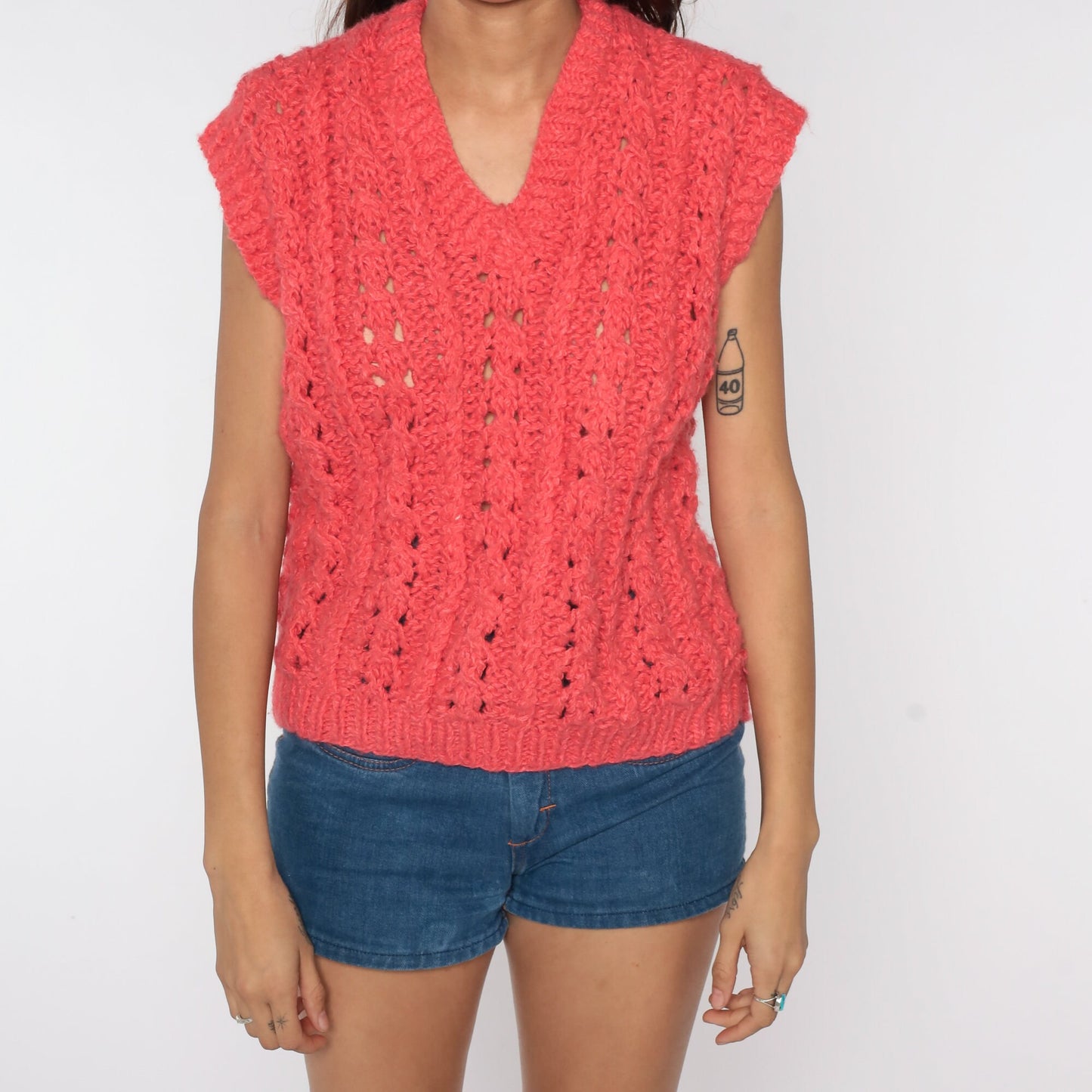 80s Pink Sheer Knit Vest Cap Sleeve V-Neck Sweater Top Large L