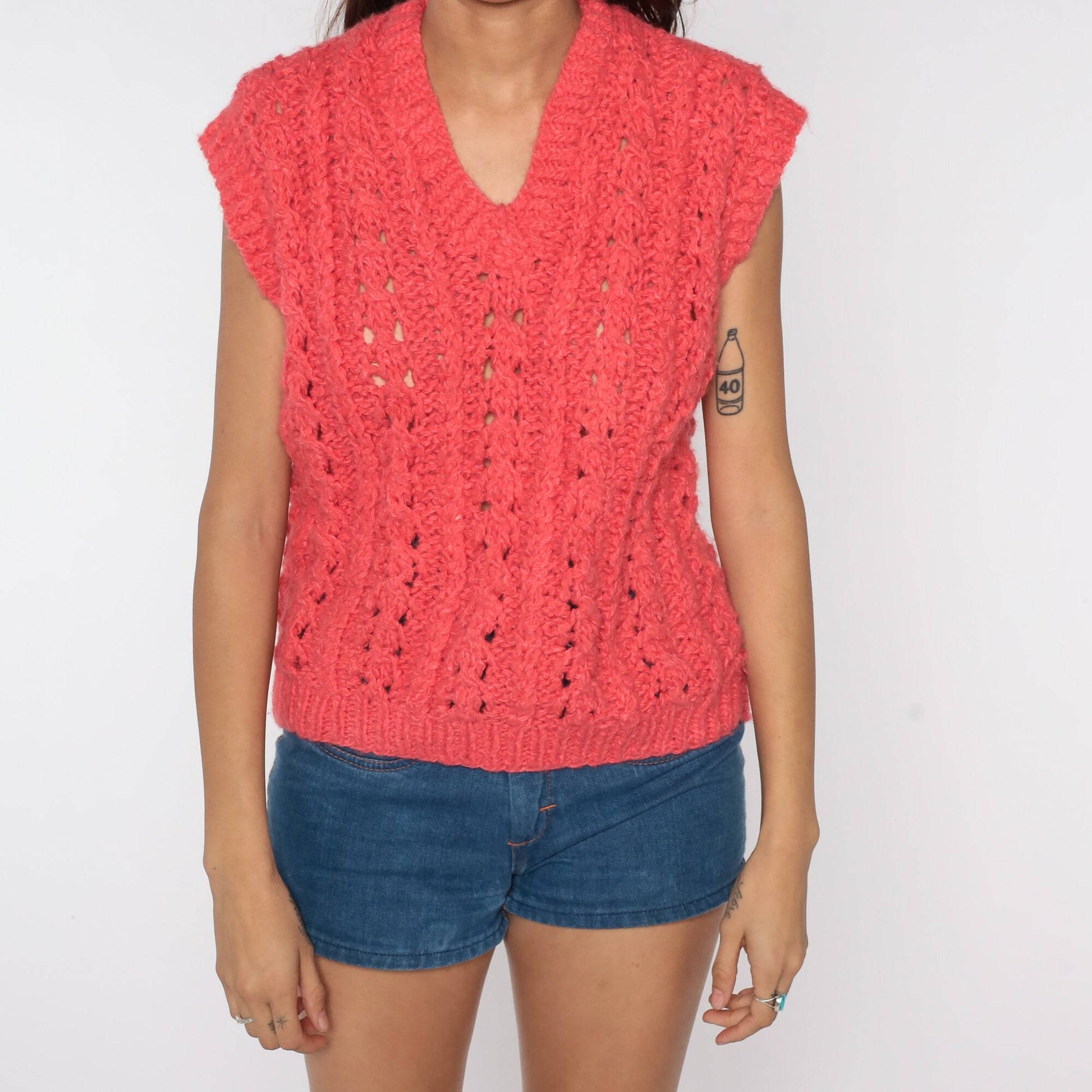 80s Pink Sheer Knit Vest Cap Sleeve V-Neck Sweater Top Large L