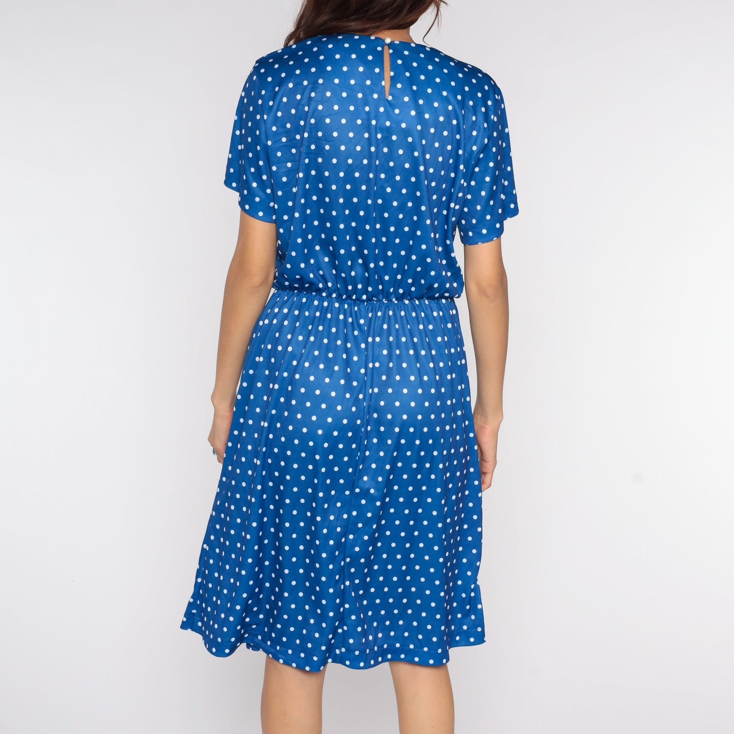 Y2K Blue Polka Dot Midi Dress High Waisted Short Sleeve Flared Large L