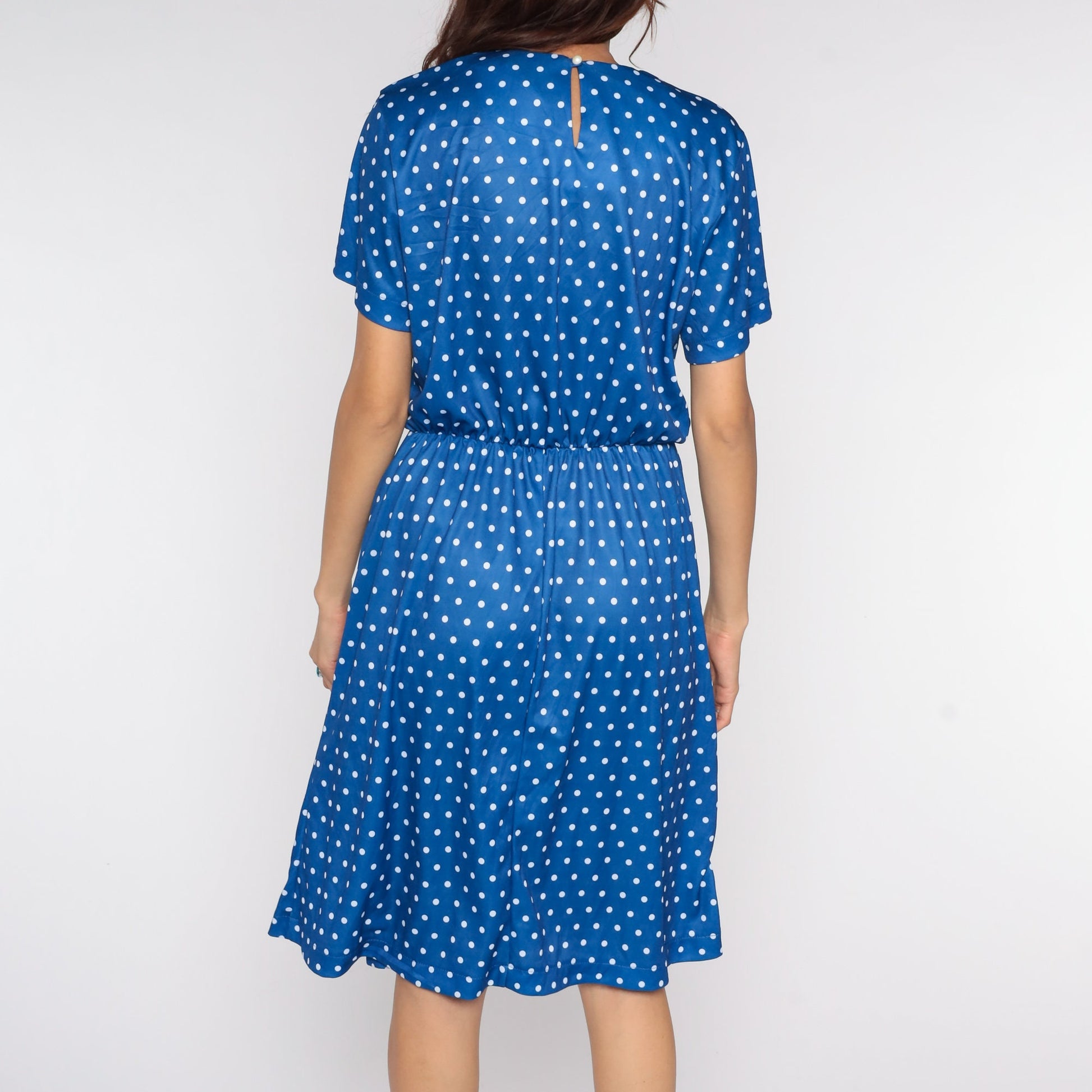 Y2K Blue Polka Dot Midi Dress High Waisted Short Sleeve Flared Large L