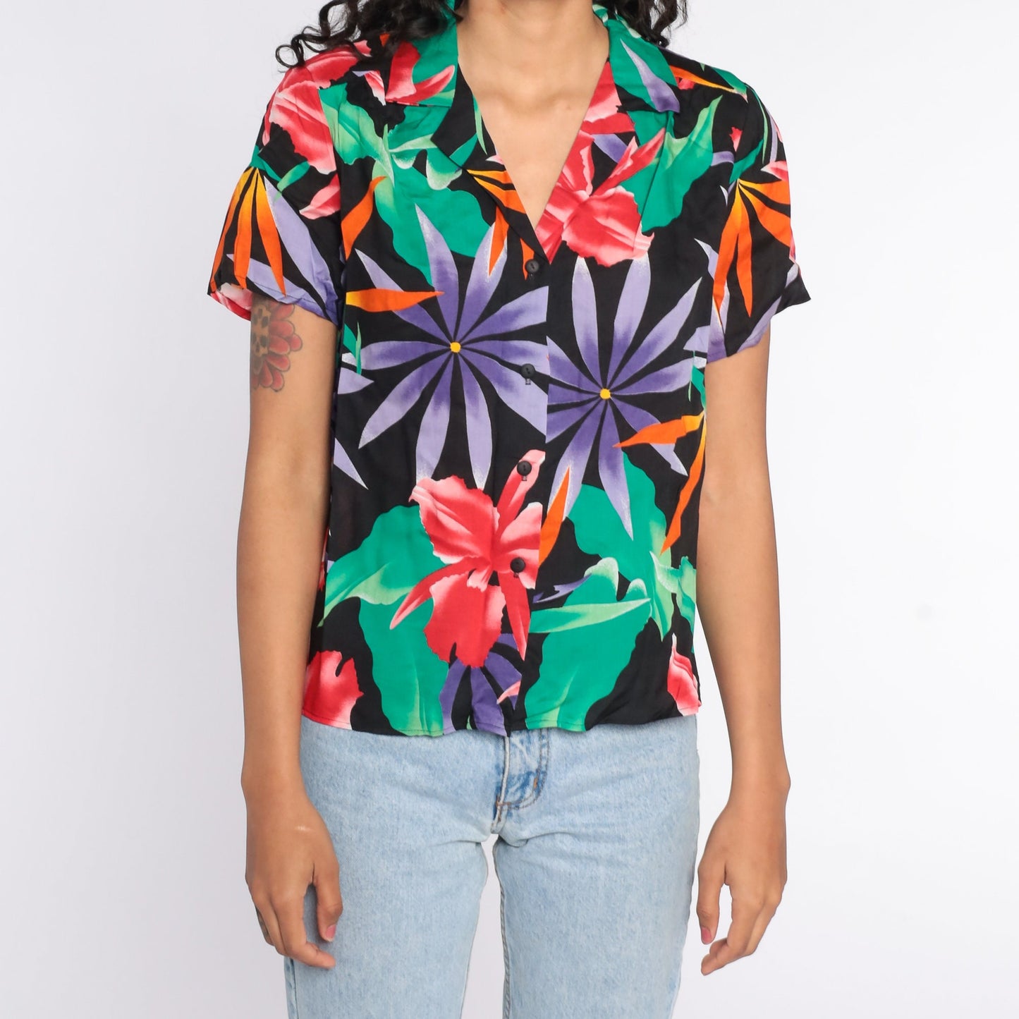 80s Tropical Floral Black Button-Up Blouse Short Sleeve Medium