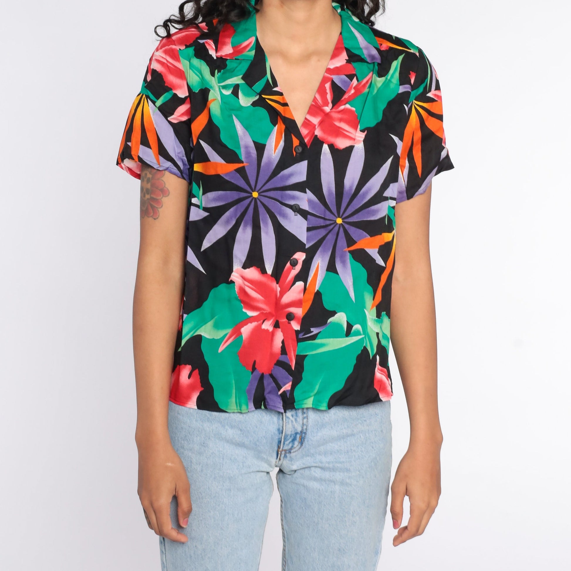 80s Tropical Floral Black Button-Up Blouse Short Sleeve Medium