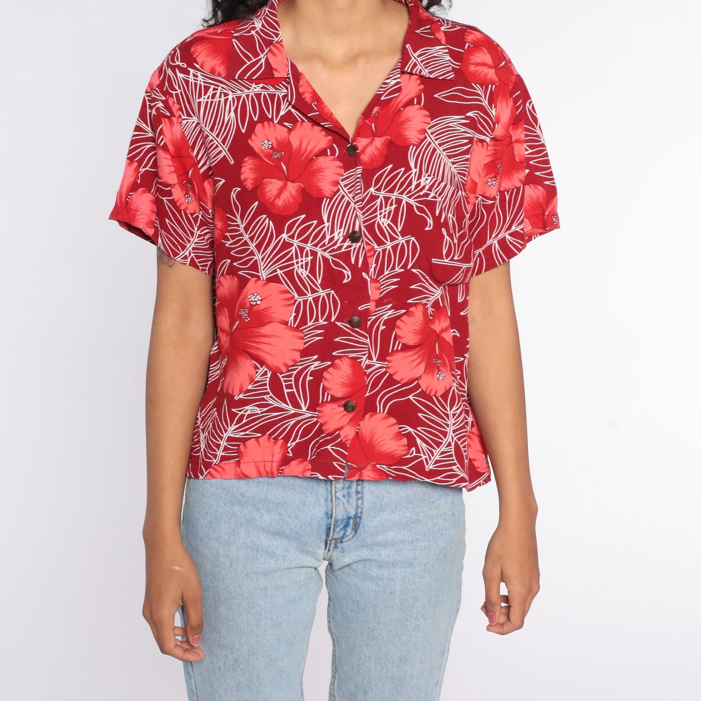 80s Red Hawaiian Floral Shirt Button Up Tropical Blouse Large L