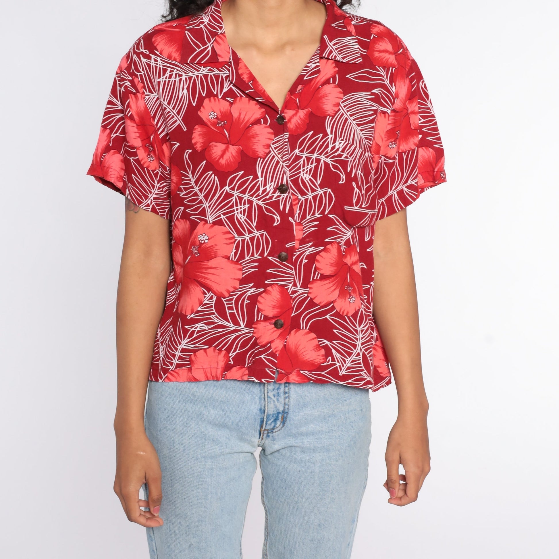 80s Red Hawaiian Floral Shirt Button Up Tropical Blouse Large L