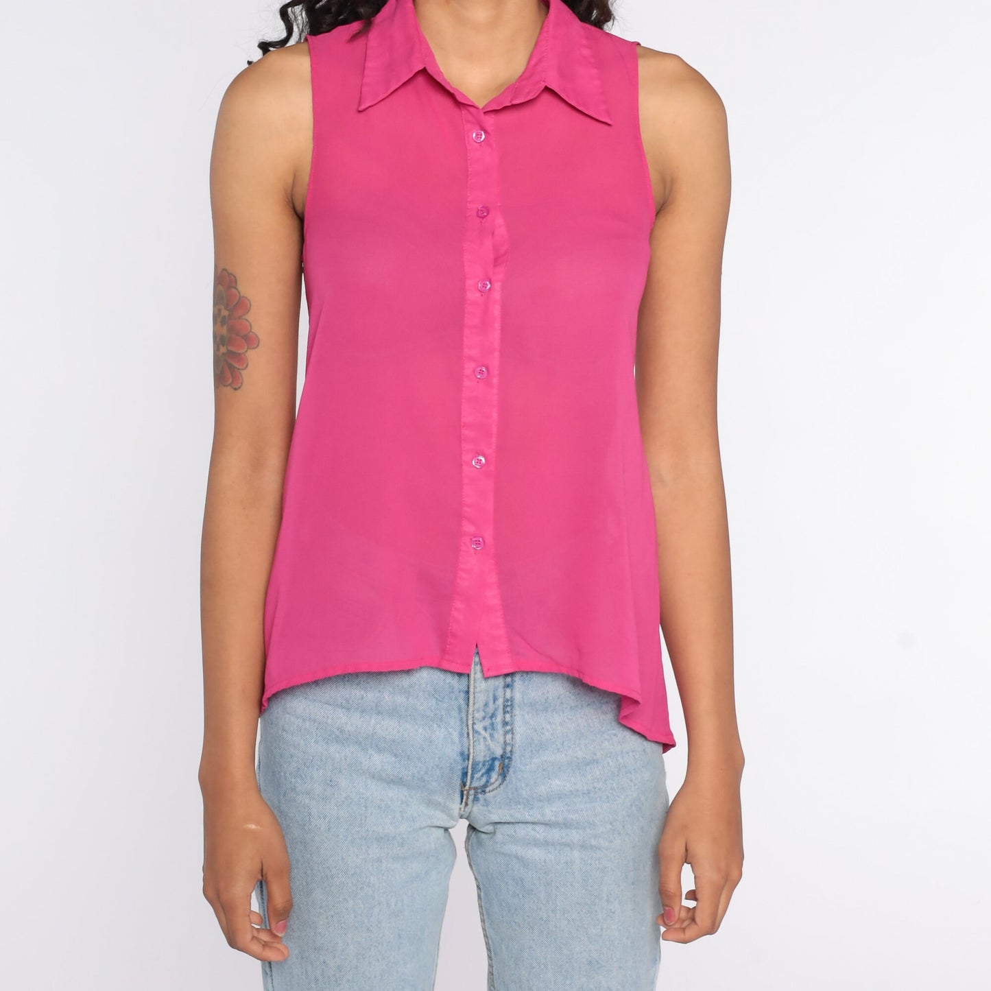 90s Sheer Pink Button-Up Tank Top Sleeveless Blouse Extra Small