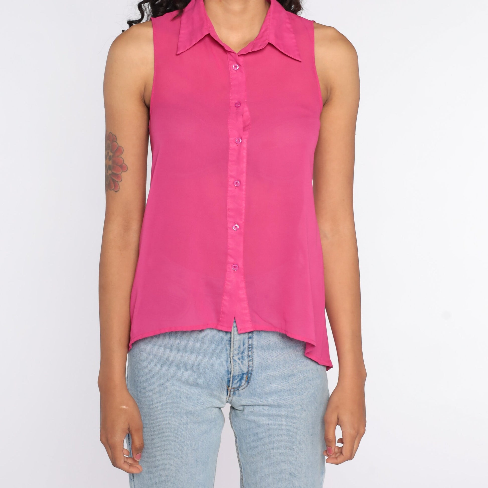 90s Sheer Pink Button-Up Tank Top Sleeveless Blouse Extra Small