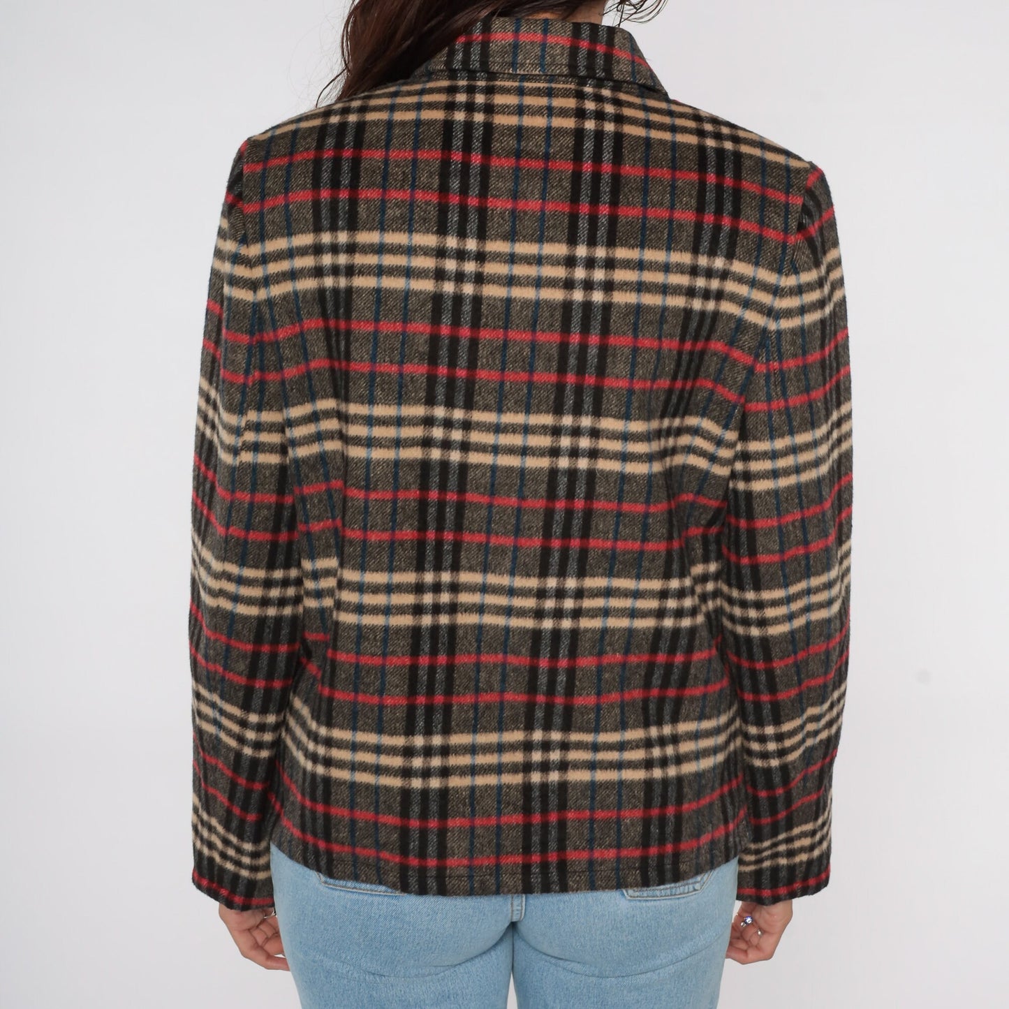 90s Evan Picone Plaid Wool Jacket Red Grey Button Up Medium