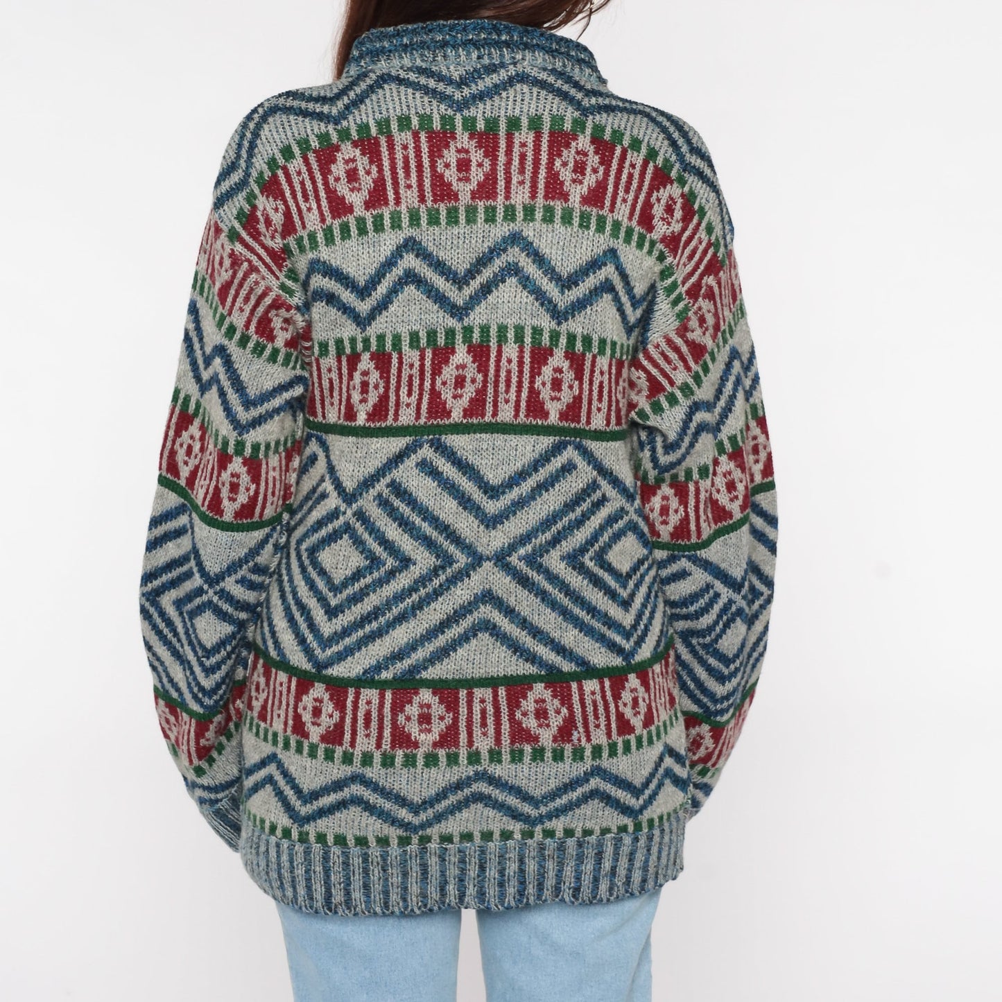 80s Geometric Wool Knit Sweater Grey Blue Red Striped Abstract Small Medium
