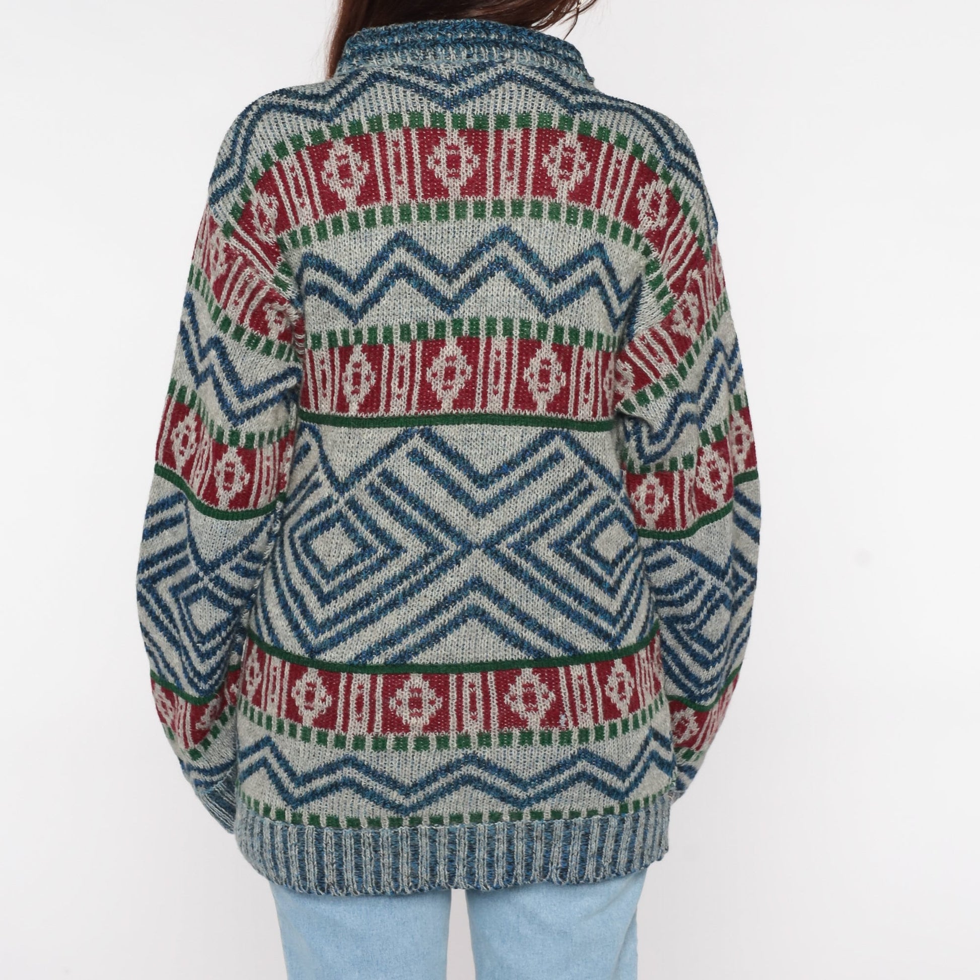 80s Geometric Wool Knit Sweater Grey Blue Red Striped Abstract Small Medium