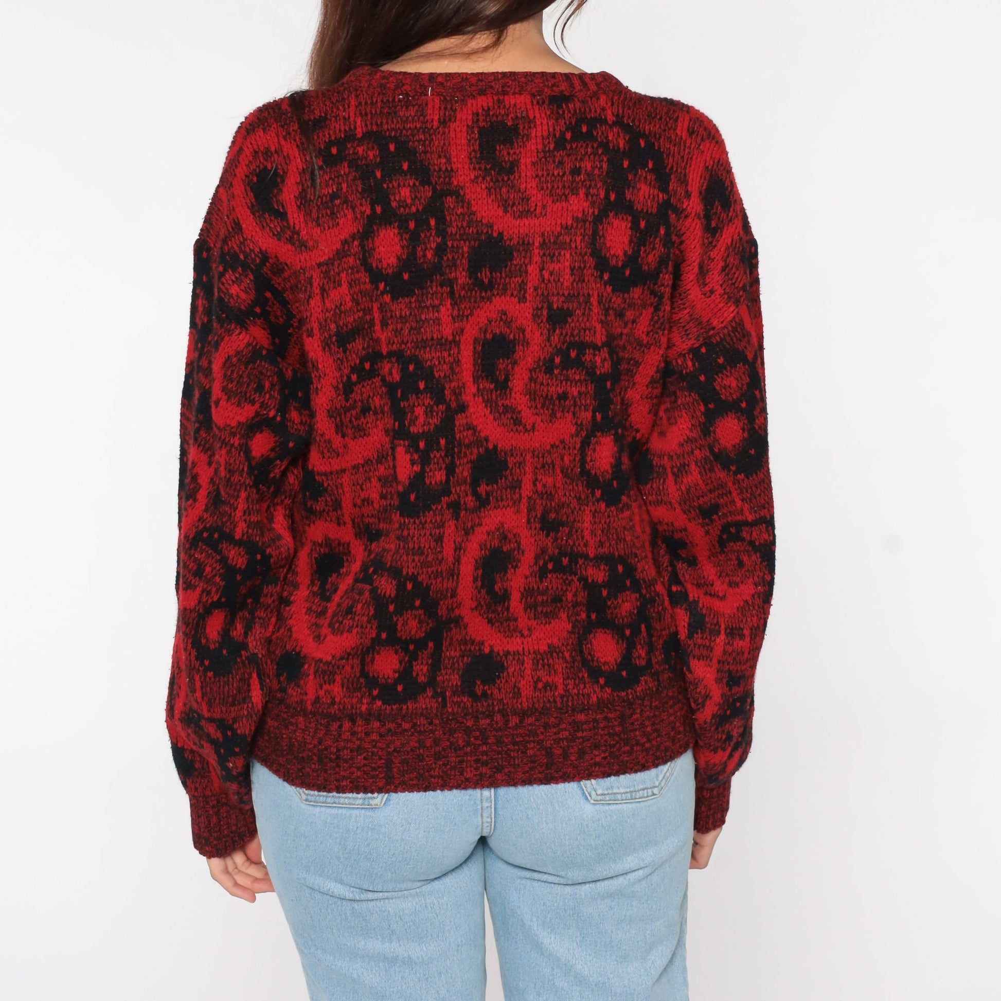 80s Paisley Pullover Sweater Red Black Acrylic Knit Medium