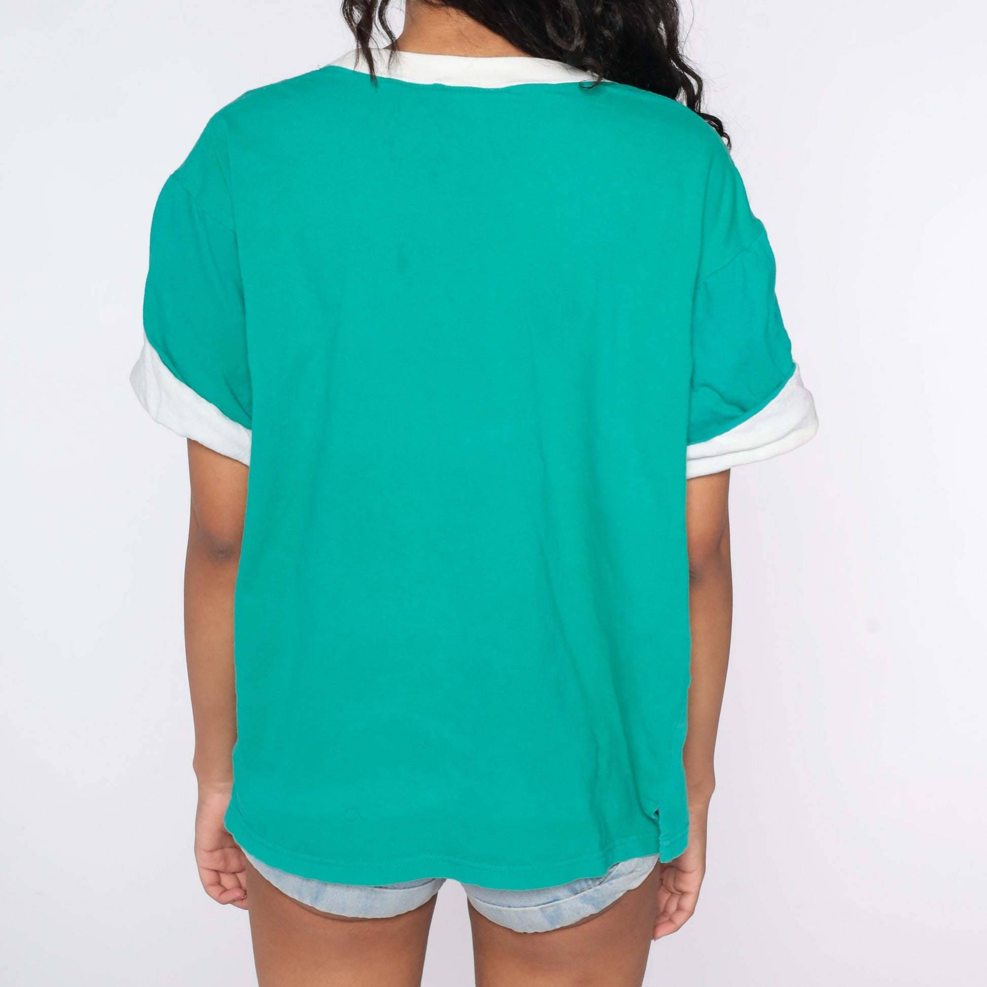 80s Green Cotton T-Shirt Pocket Chest Cuffed Sleeves Medium