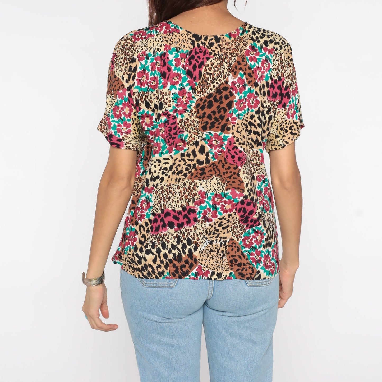 90s Leopard Floral Print Button-Up Blouse Short Sleeve Medium