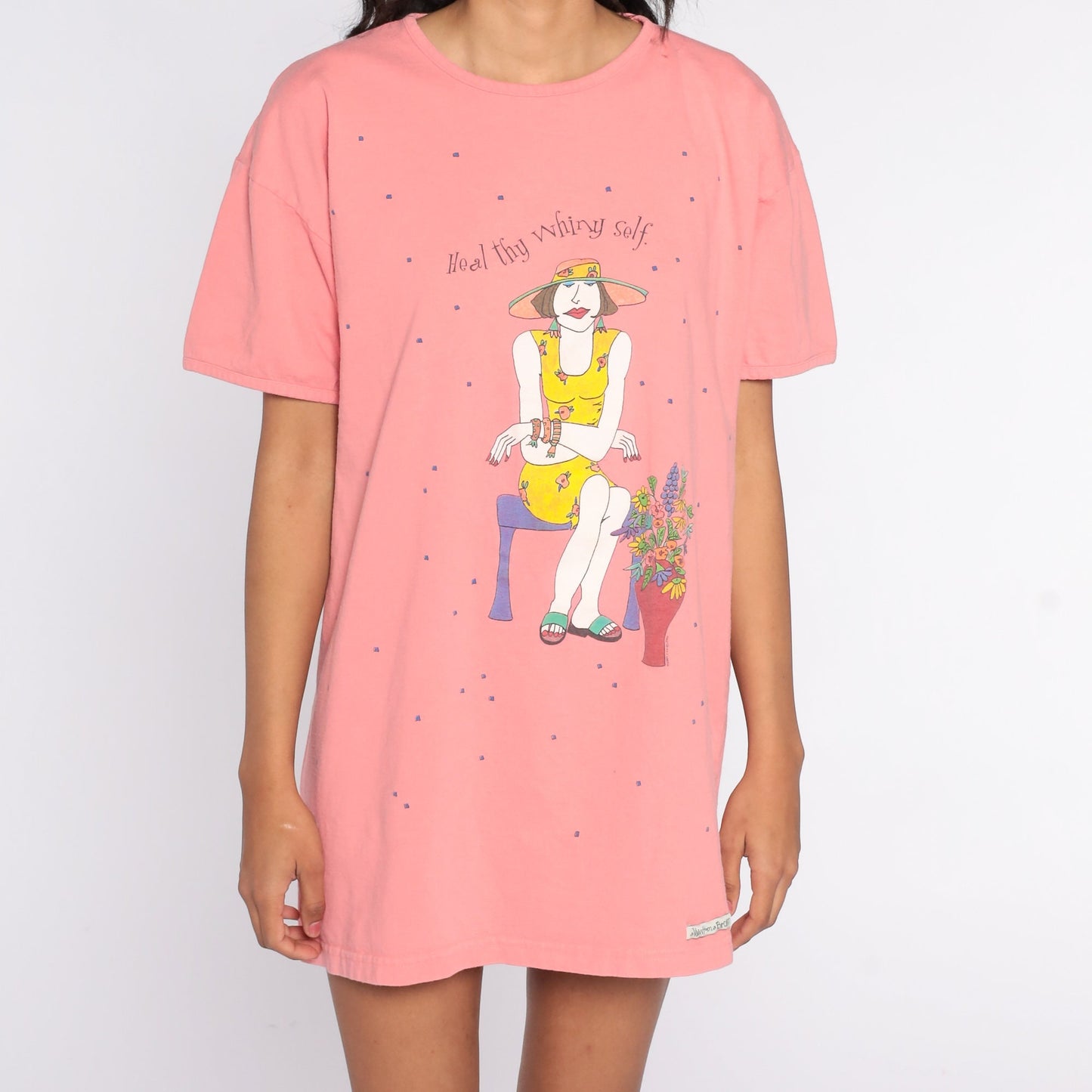 00s Heal Thy Whiny Self Graphic T Shirt Dress Cotton Knee Mini Small