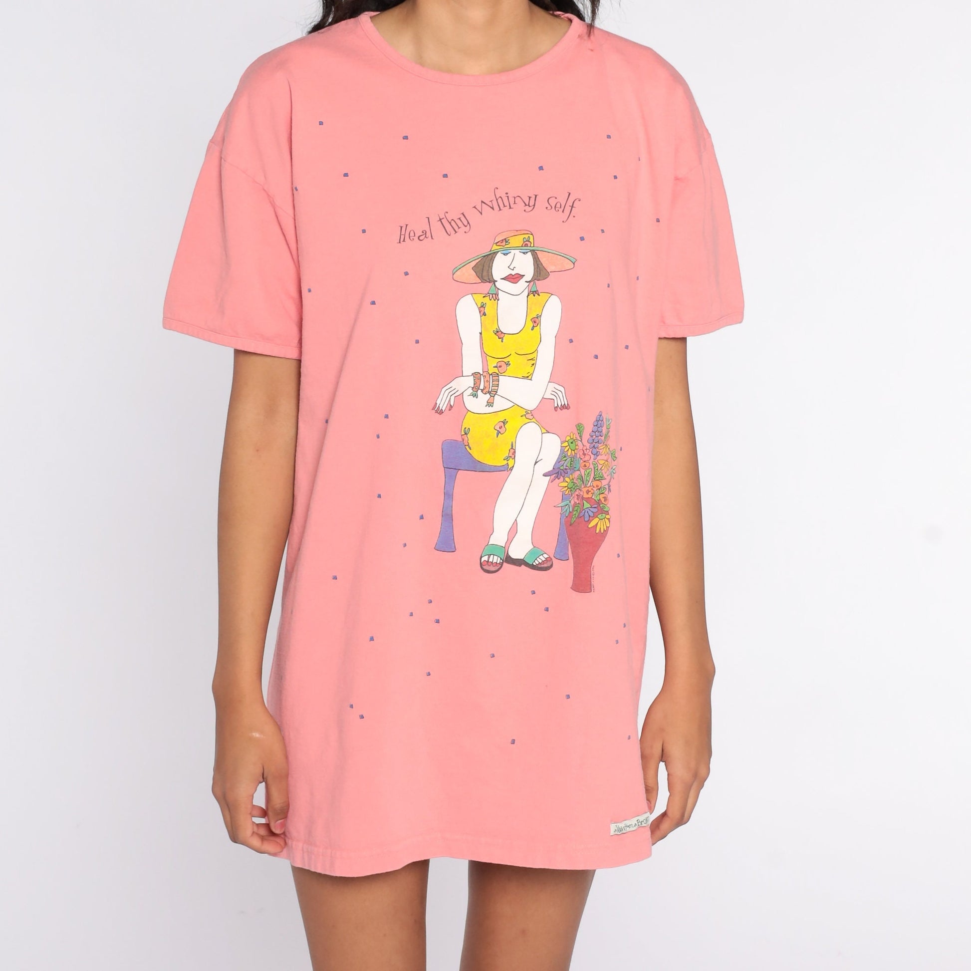 00s Heal Thy Whiny Self Graphic T Shirt Dress Cotton Knee Mini Small