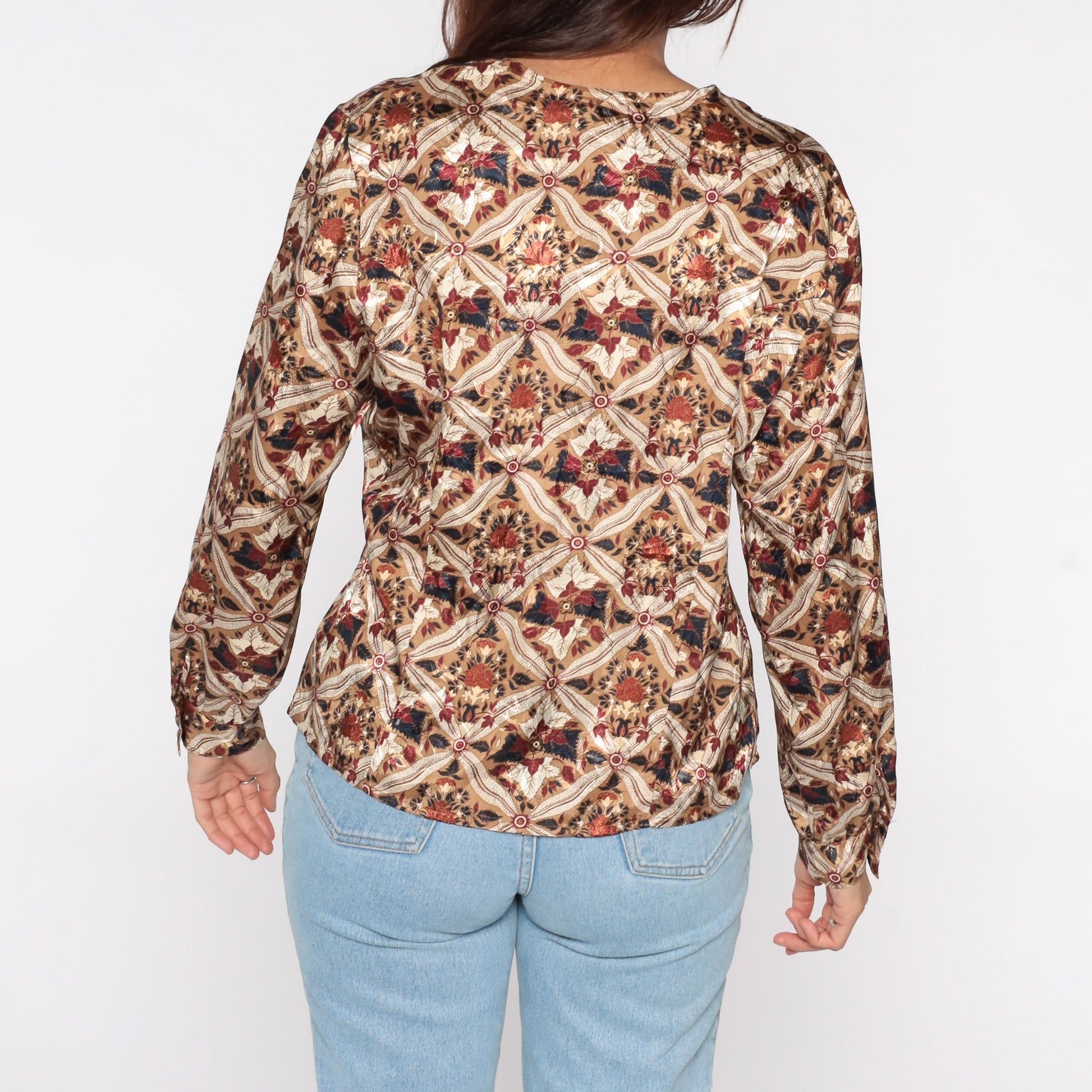 90s Geometric Floral Button Up Blouse Tan Long Sleeve Large