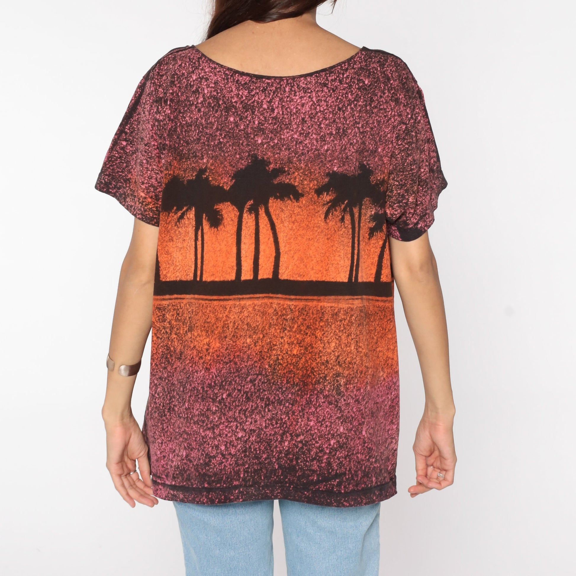 90s Palm Springs California Sunset Graphic T-Shirt Orange Pink Large
