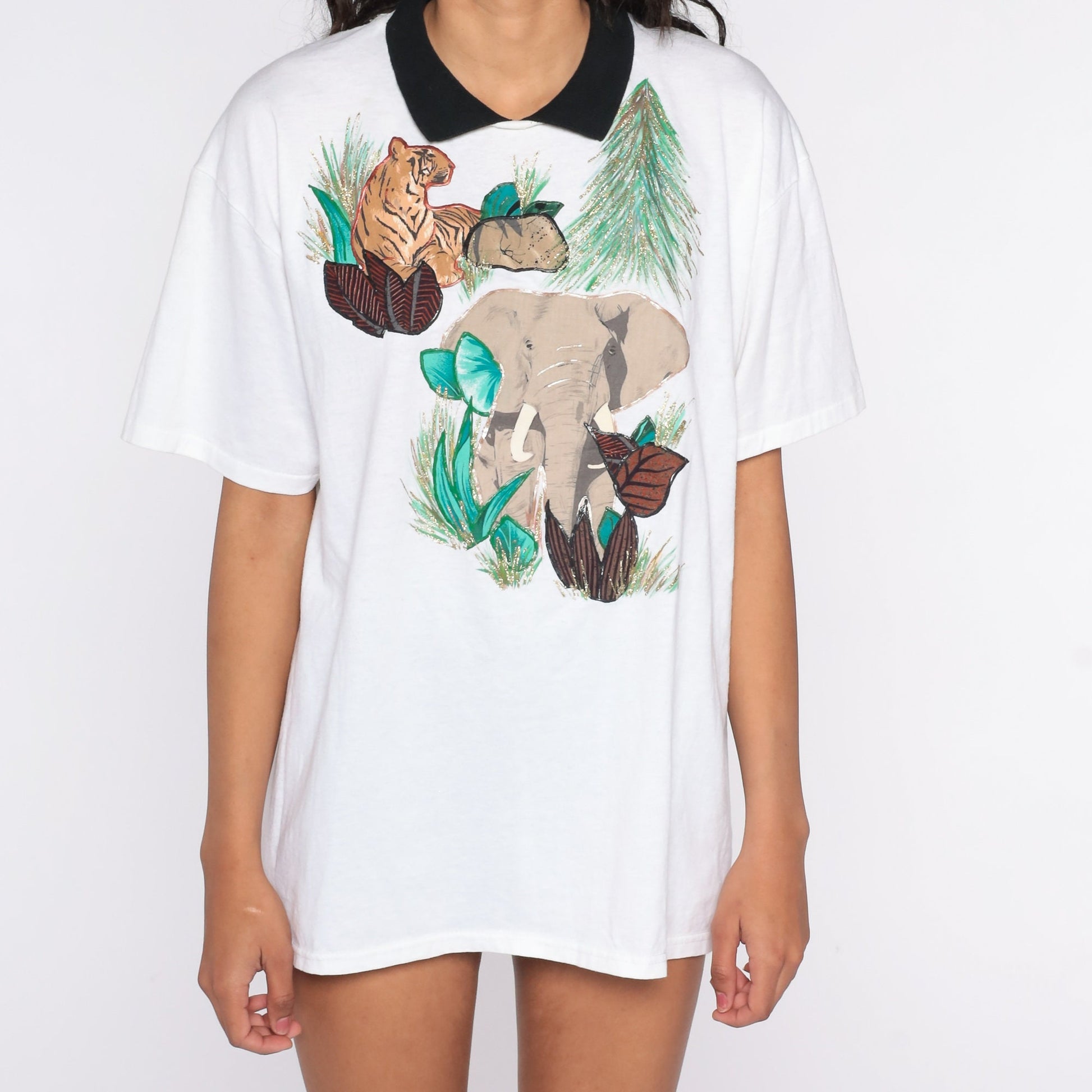80s Tropical Animal Graphic Tee Tiger Elephant Safari White Cotton Large L