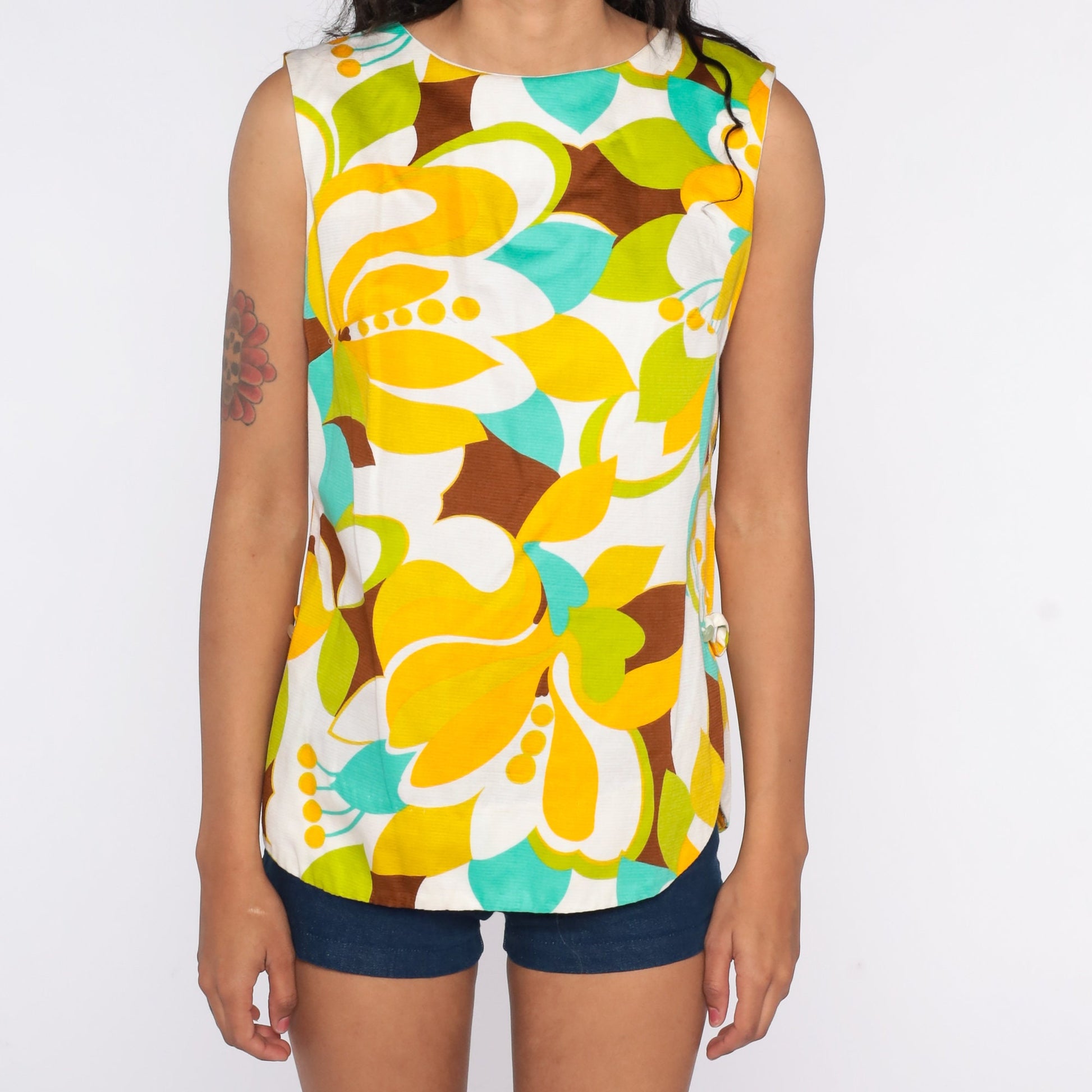 70s Floral Tank Top Tropical Print Sleeveless Blouse Medium