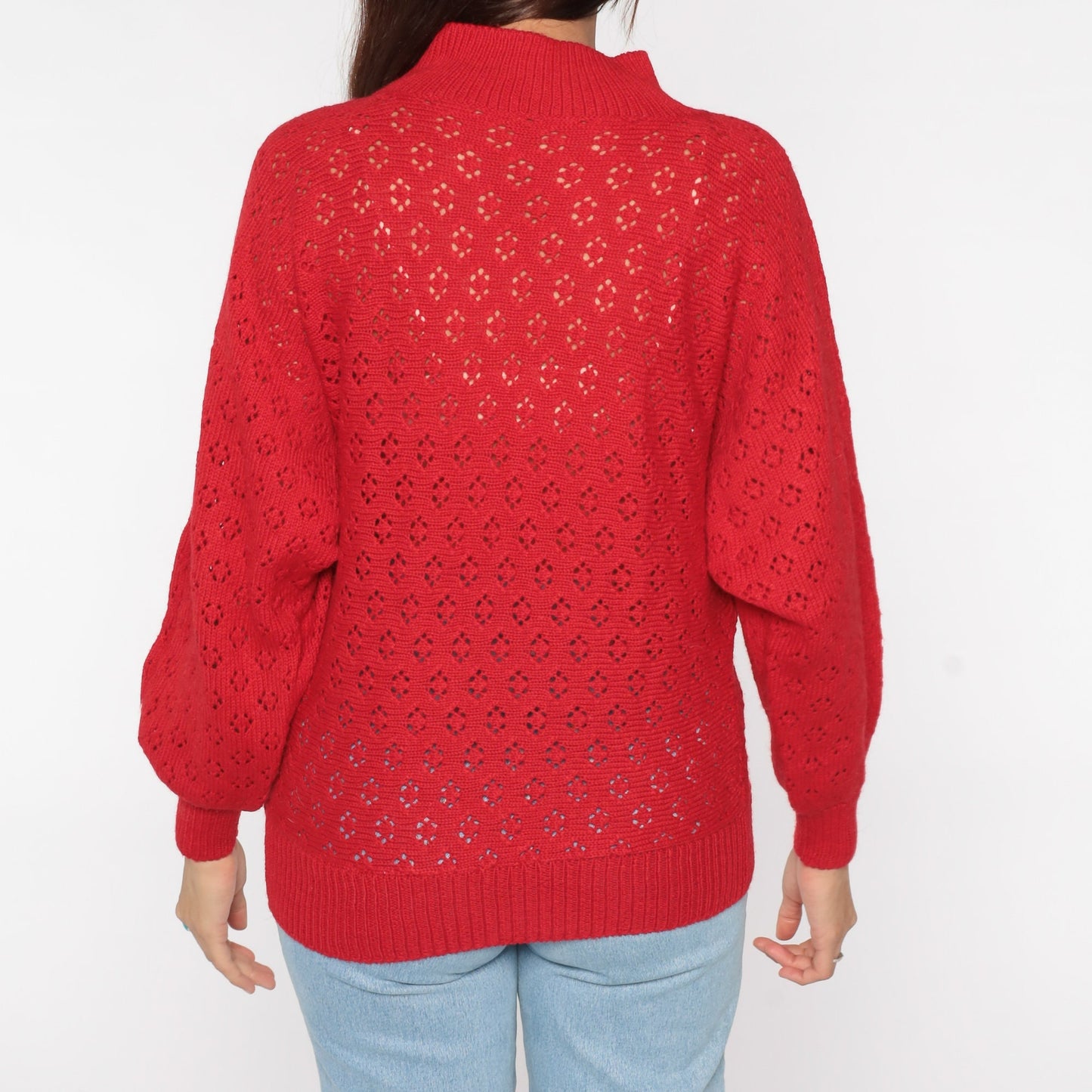80s Red Crochet Sweater Dolman Sleeve Mock Neck Sheer Knit Medium
