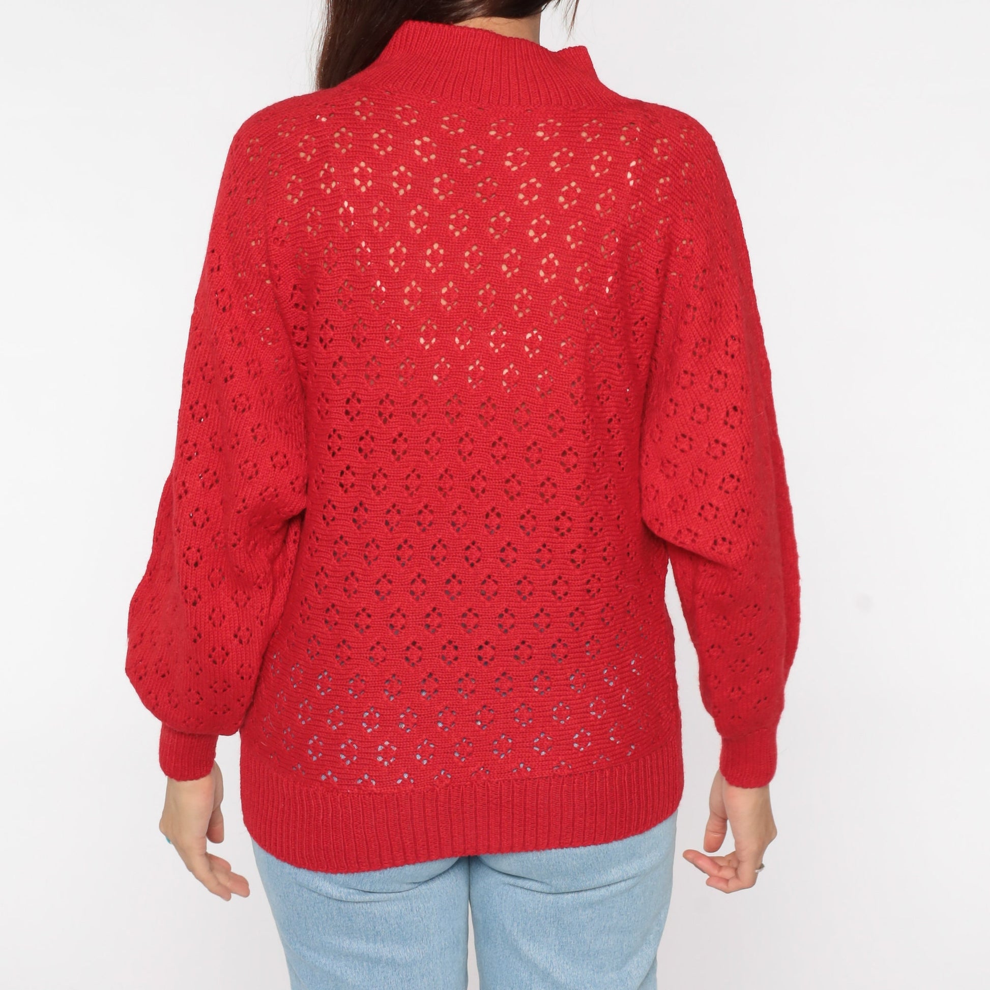 80s Red Crochet Sweater Dolman Sleeve Mock Neck Sheer Knit Medium