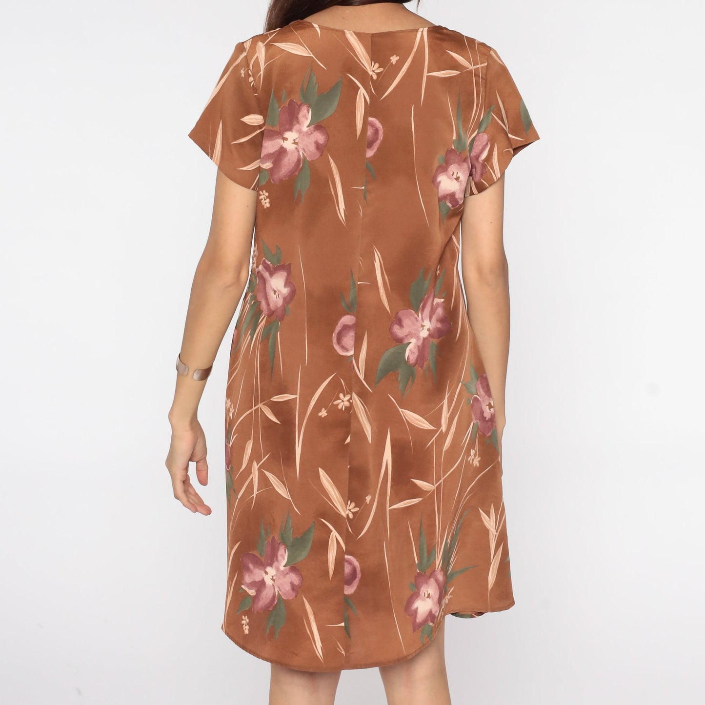 90s Brown Floral Mini Dress Shift Cut Short Sleeve Medium