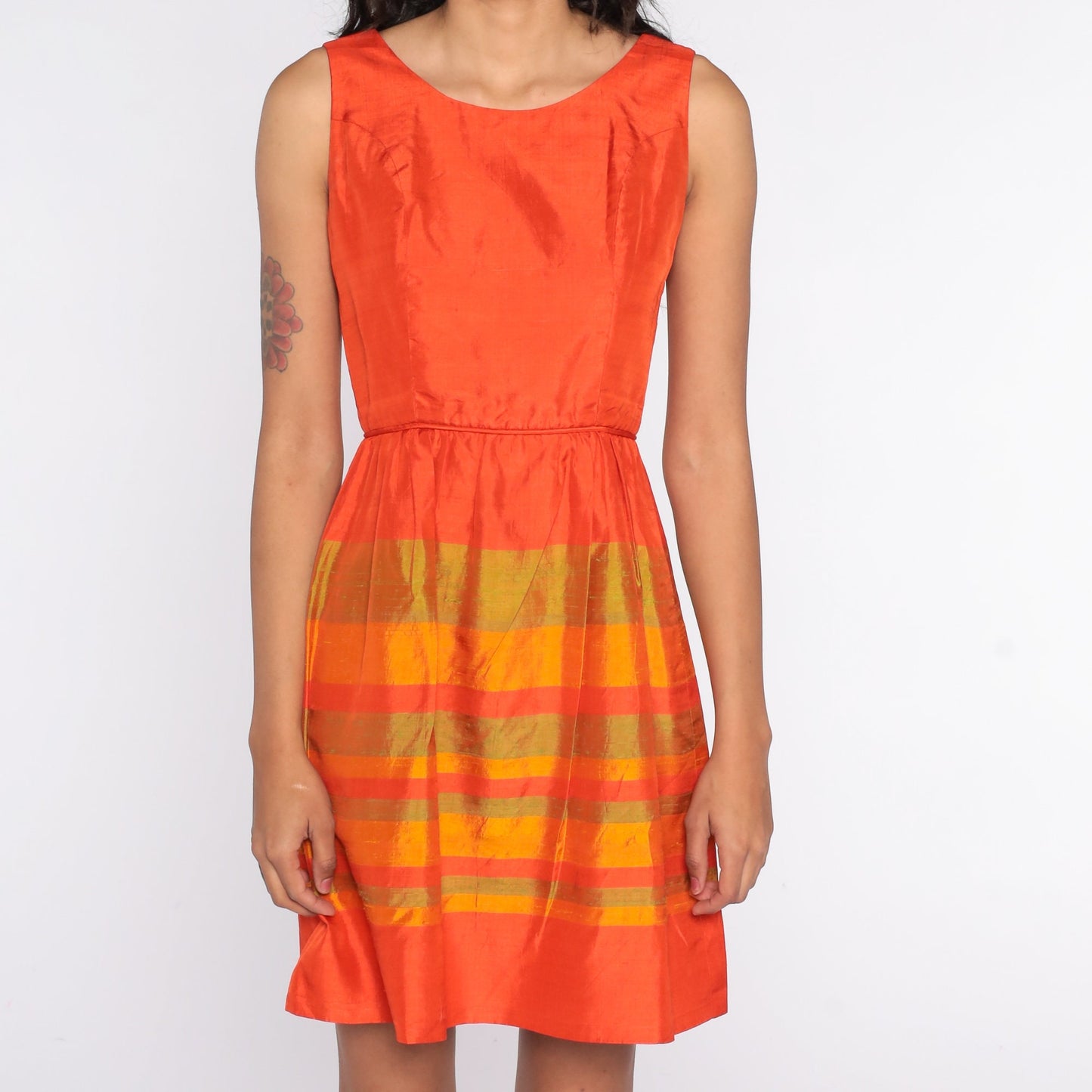 60s Orange Striped Mini Dress High Waist Sleeveless Cocktail Small