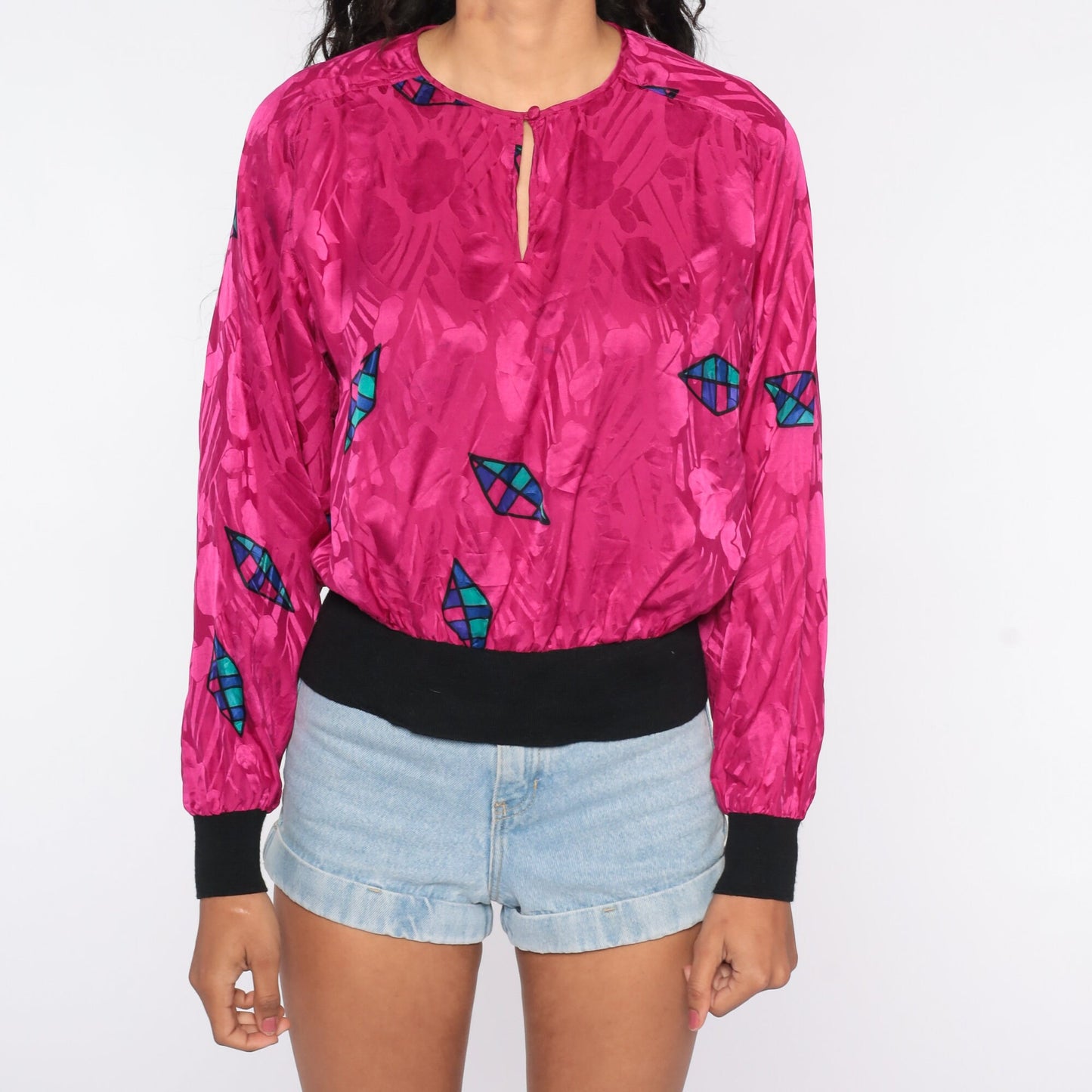 80s Hot Pink Silk Blouse Geometric Print Long Sleeve Medium Large