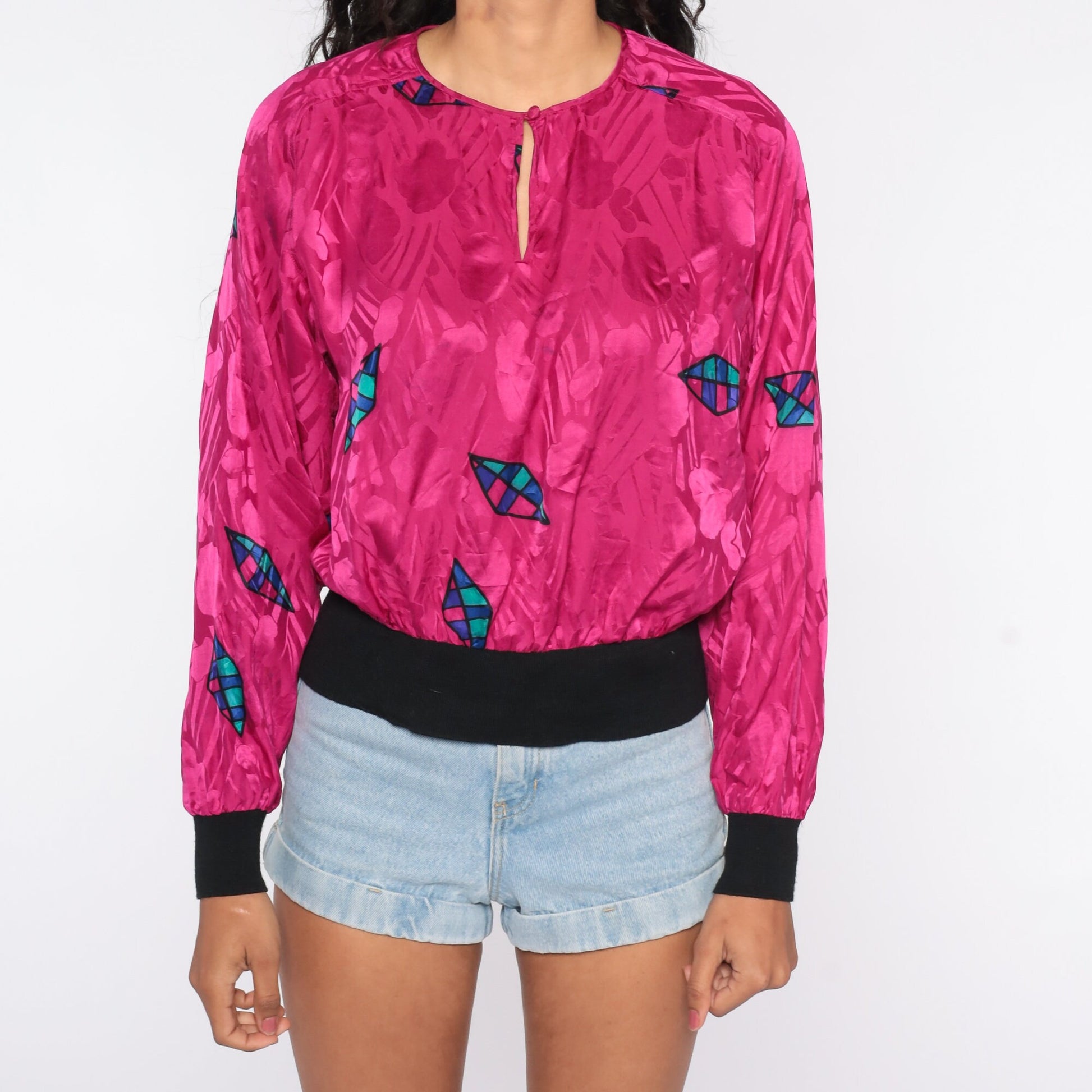 80s Hot Pink Silk Blouse Geometric Print Long Sleeve Medium Large