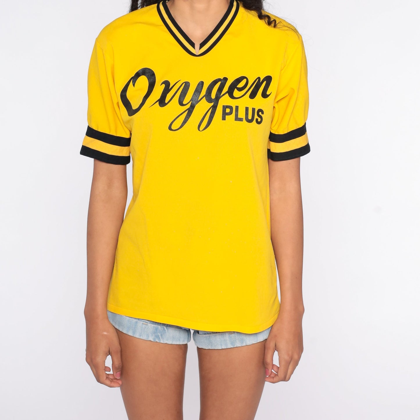 80s Oxygen Plus Ringer Tee Yellow V-Neck Graphic Shirt Medium