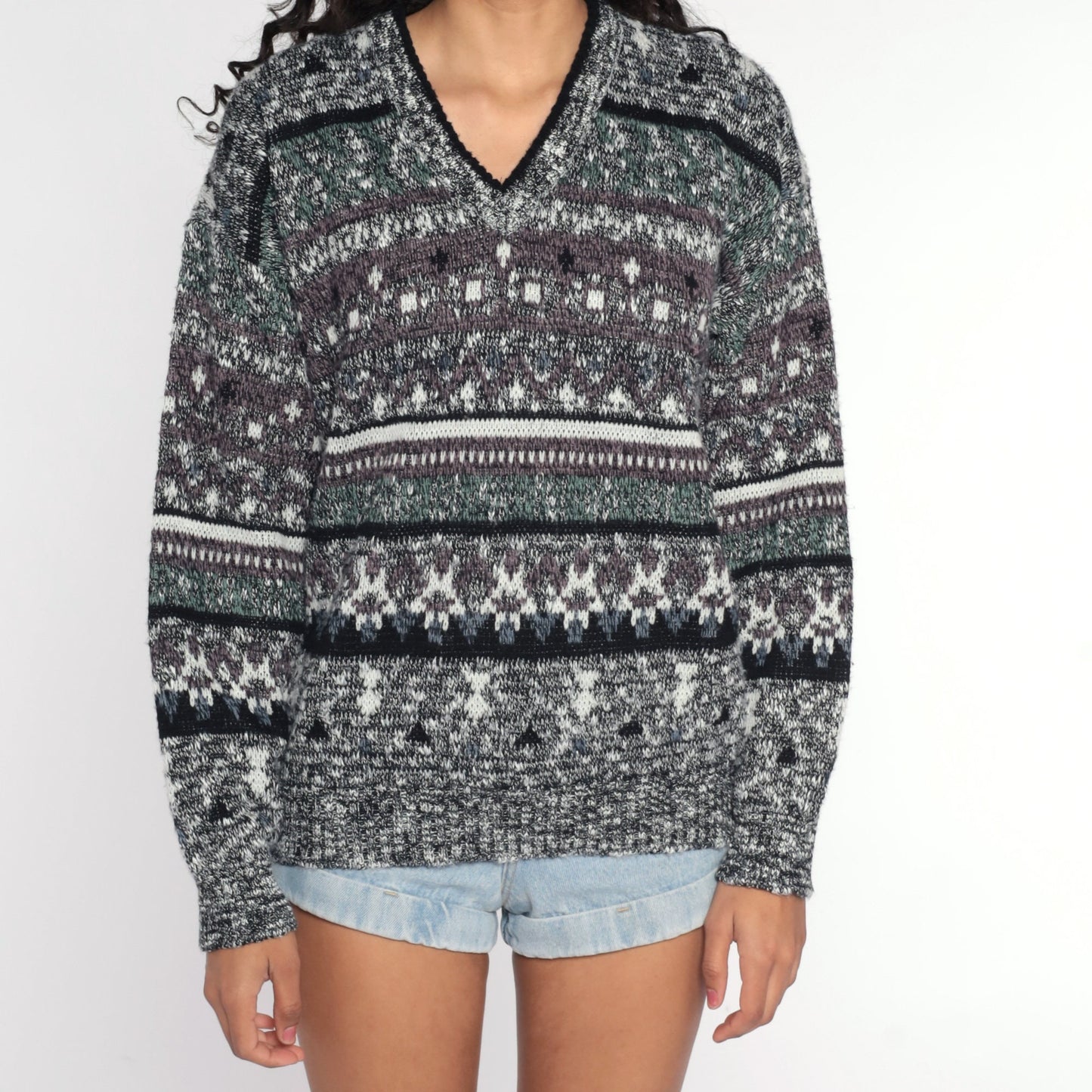 80s Geometric Flecked Grey Striped Knit Sweater V Neck Pullover Medium