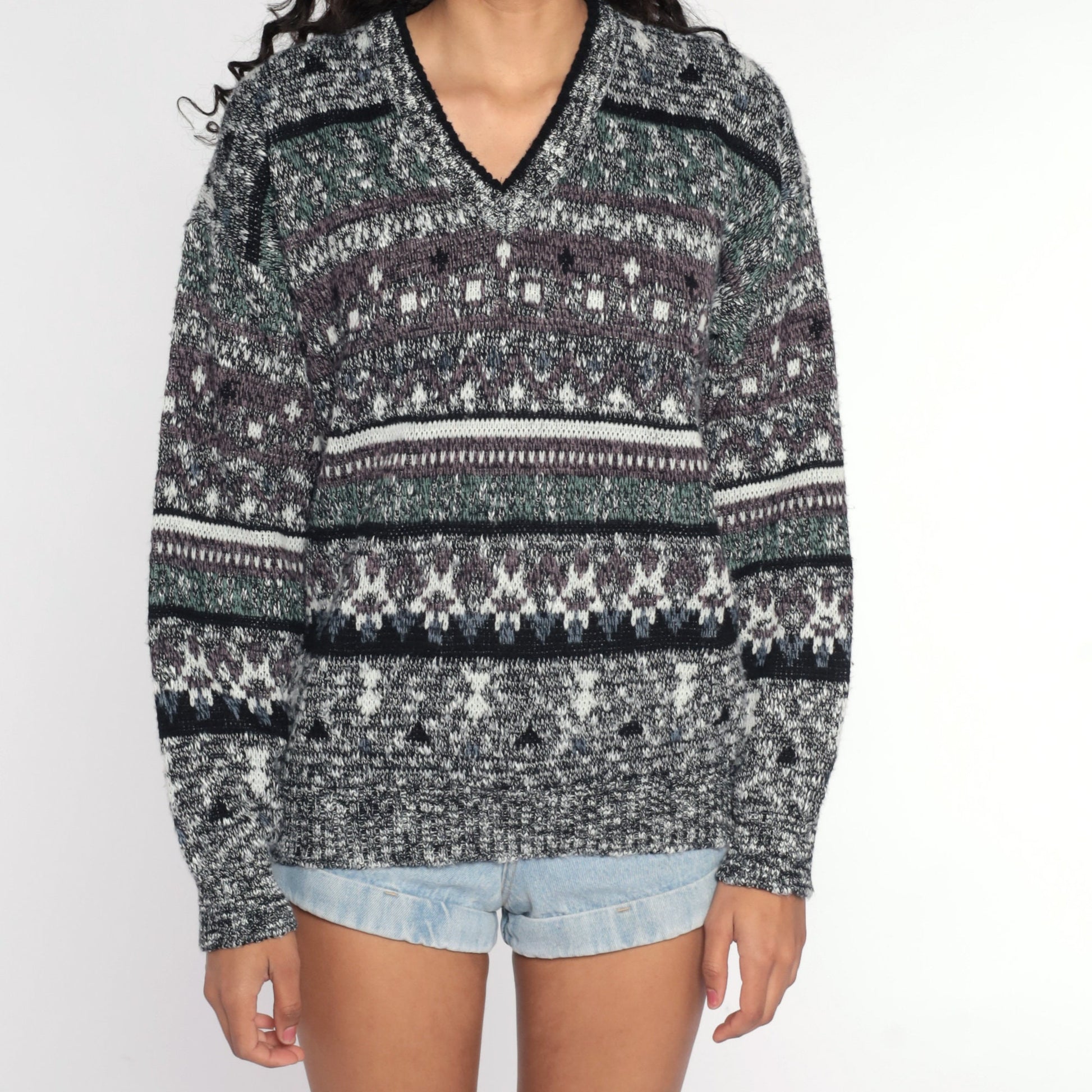 80s Geometric Flecked Grey Striped Knit Sweater V Neck Pullover Medium