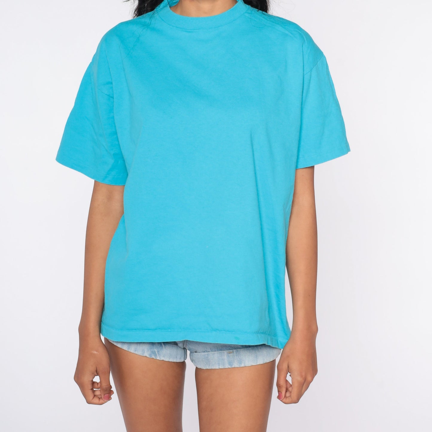 80s Blue Single Stitch Plain T-Shirt Cotton Crewneck Large L