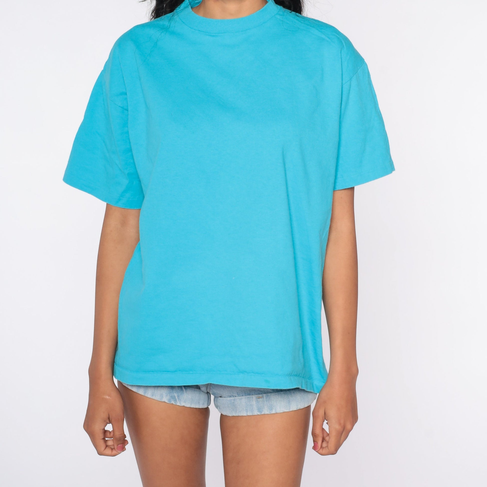 80s Blue Single Stitch Plain T-Shirt Cotton Crewneck Large L