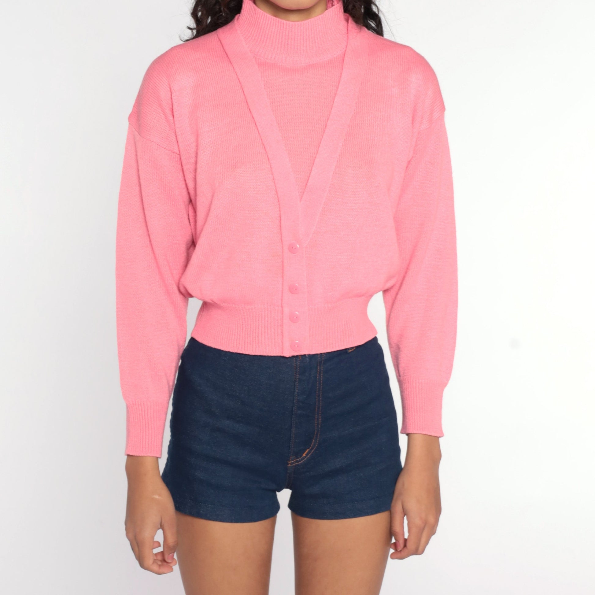 80s Pink Mock Neck Sweater Knit Pullover Small Medium