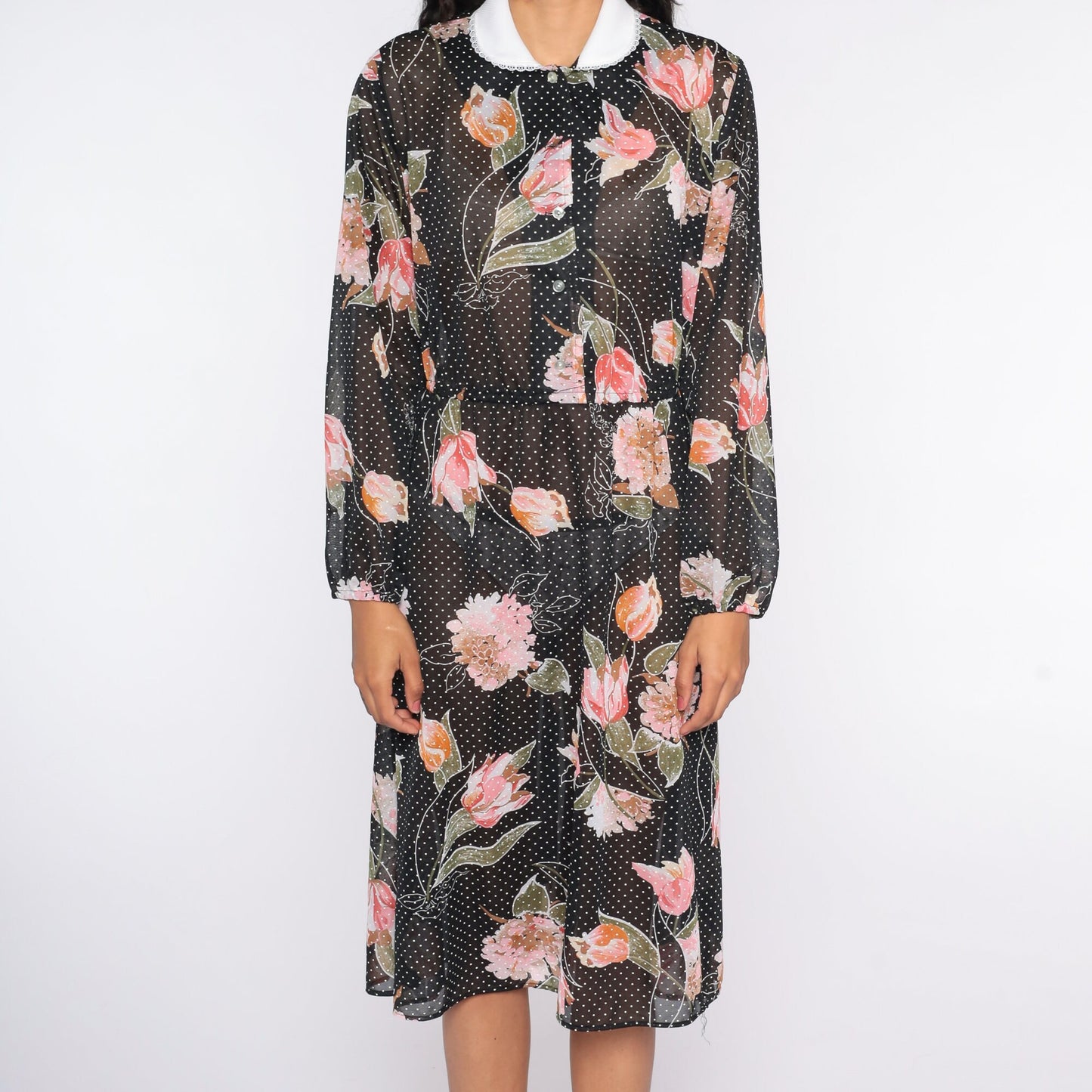 80s Black Floral Sheer Midi Dress Long Sleeve Button Up High Waist Large