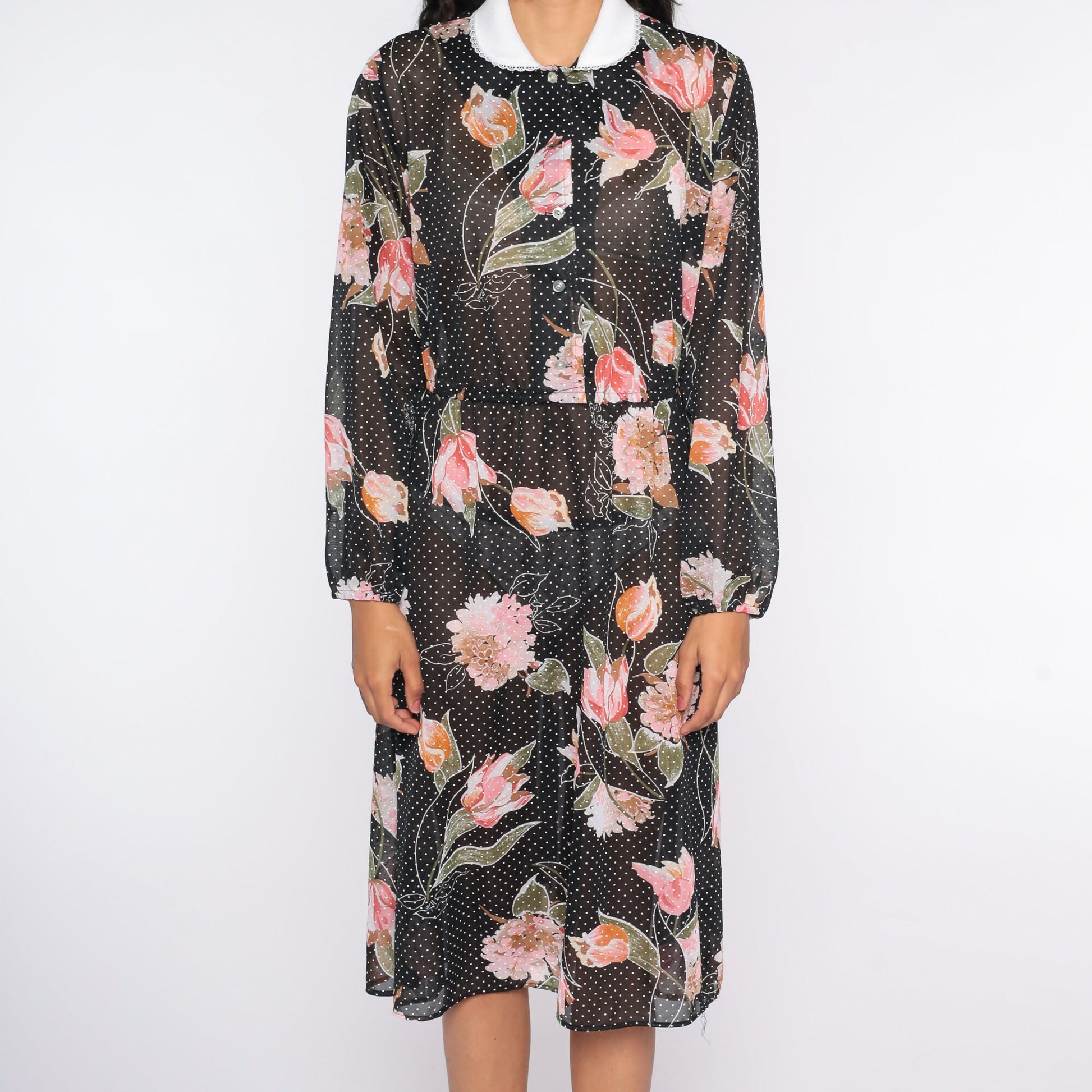 80s Black Floral Sheer Midi Dress Long Sleeve Button Up High Waist Large