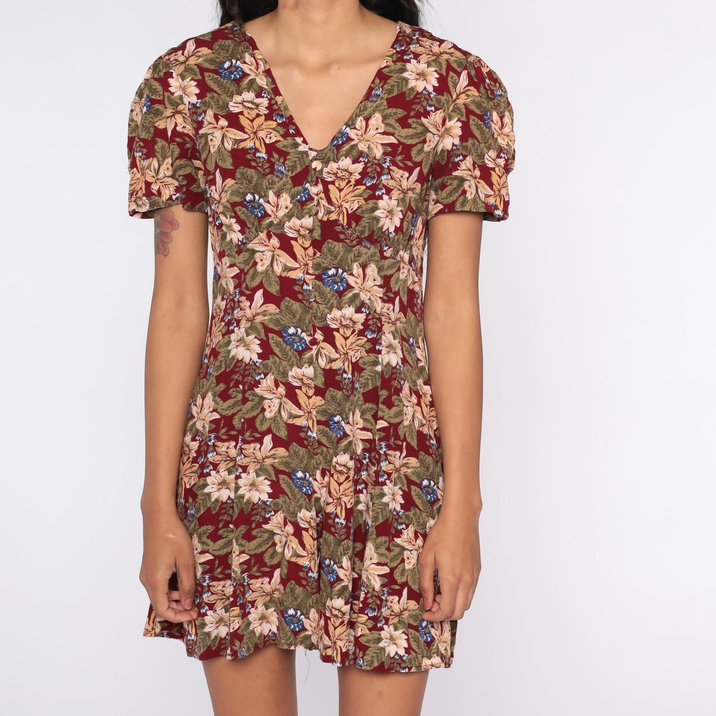 90s Burgundy Floral Romper Wide Leg Empire Waist Playsuit Small