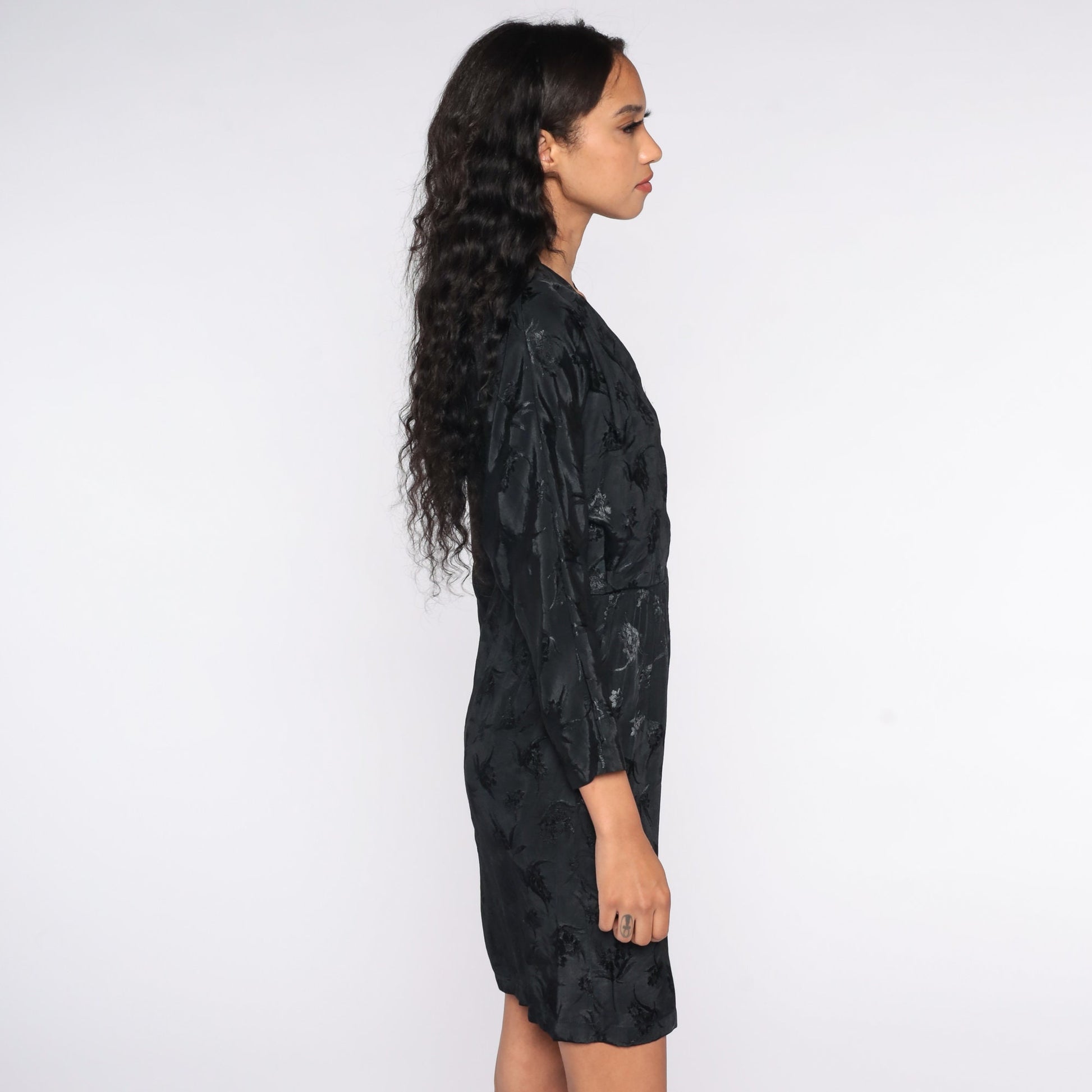 80s Black Floral Embossed Mini Wrap Dress High Waisted V Neck Small S