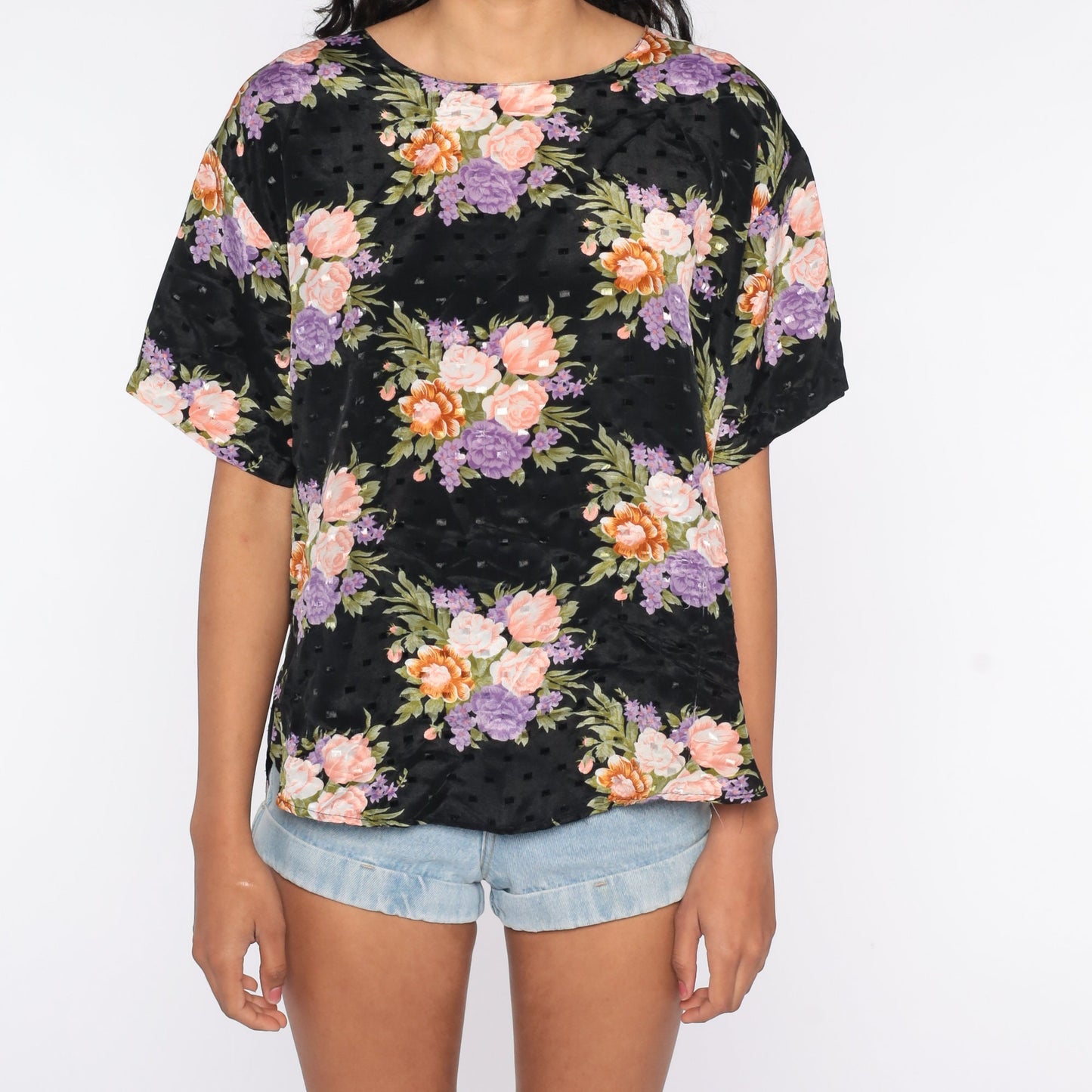 80s Black Floral Embossed Blouse Short Sleeve Shirt Plus Size 14W