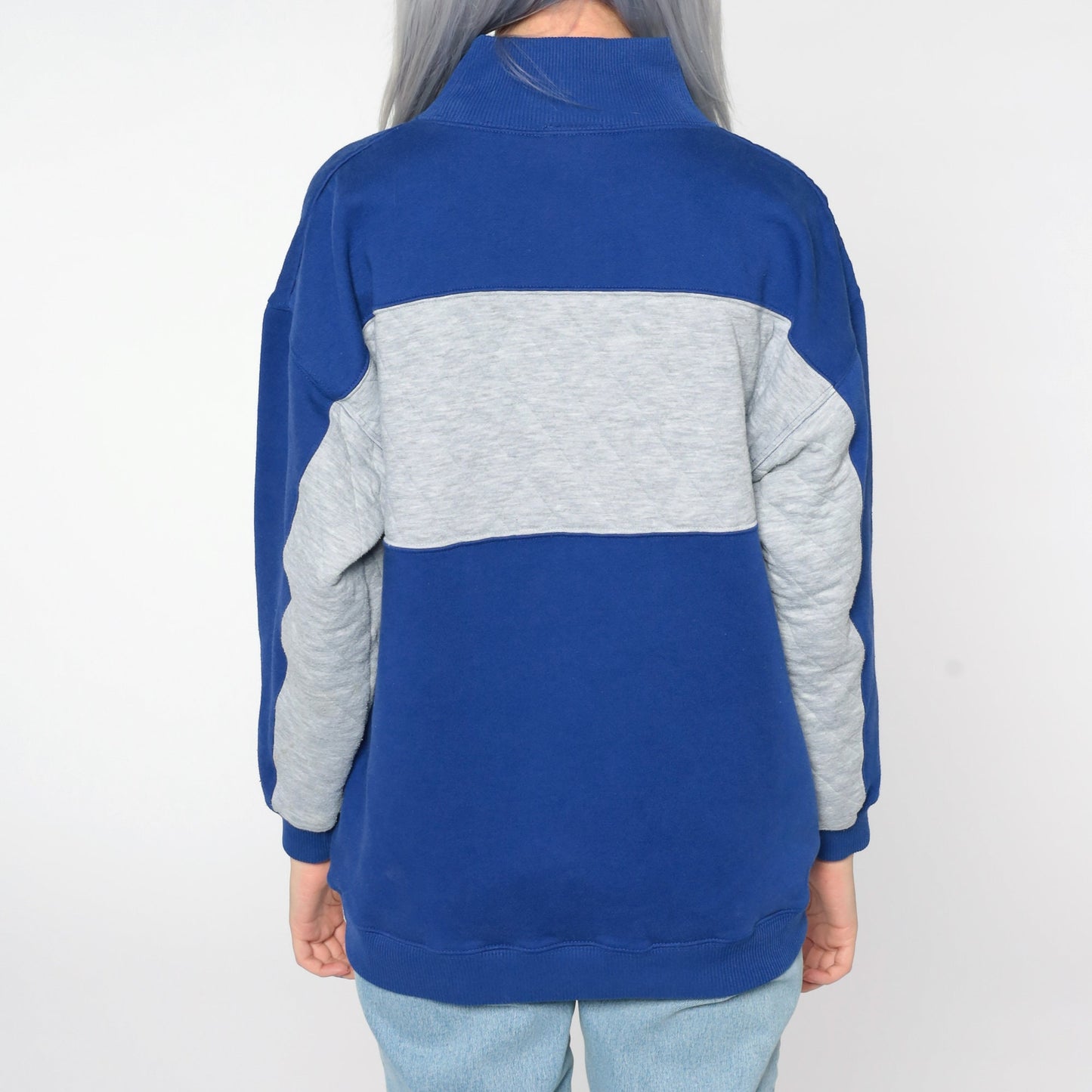 90s Navy Blue Grey Quilted Color Block Sweatshirt Funnel Neck Small