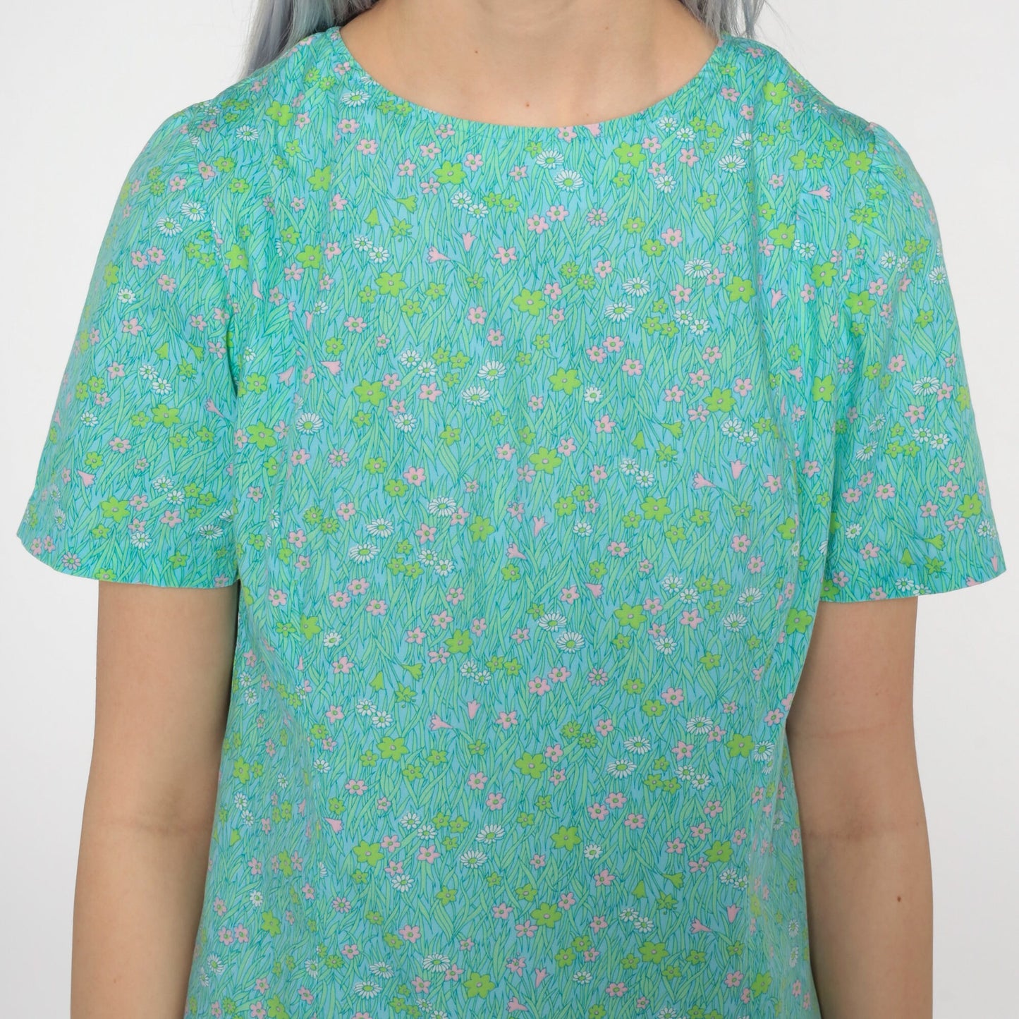 1960s Floral Shift Dress Mini Green Blue Mod Small S