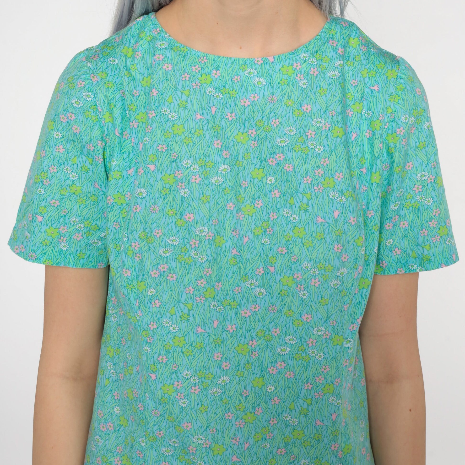 1960s Floral Shift Dress Mini Green Blue Mod Small S