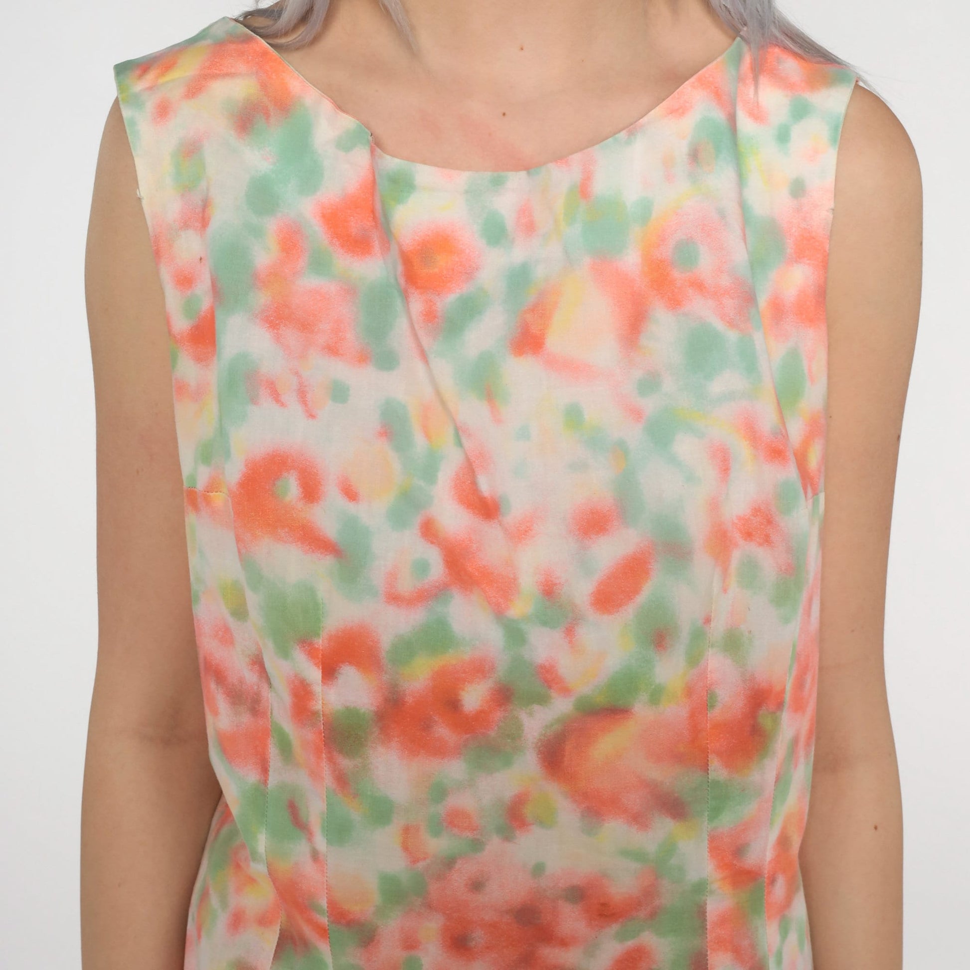 1960s Mod Floral Mini Dress White Sleeveless Shift Medium Large