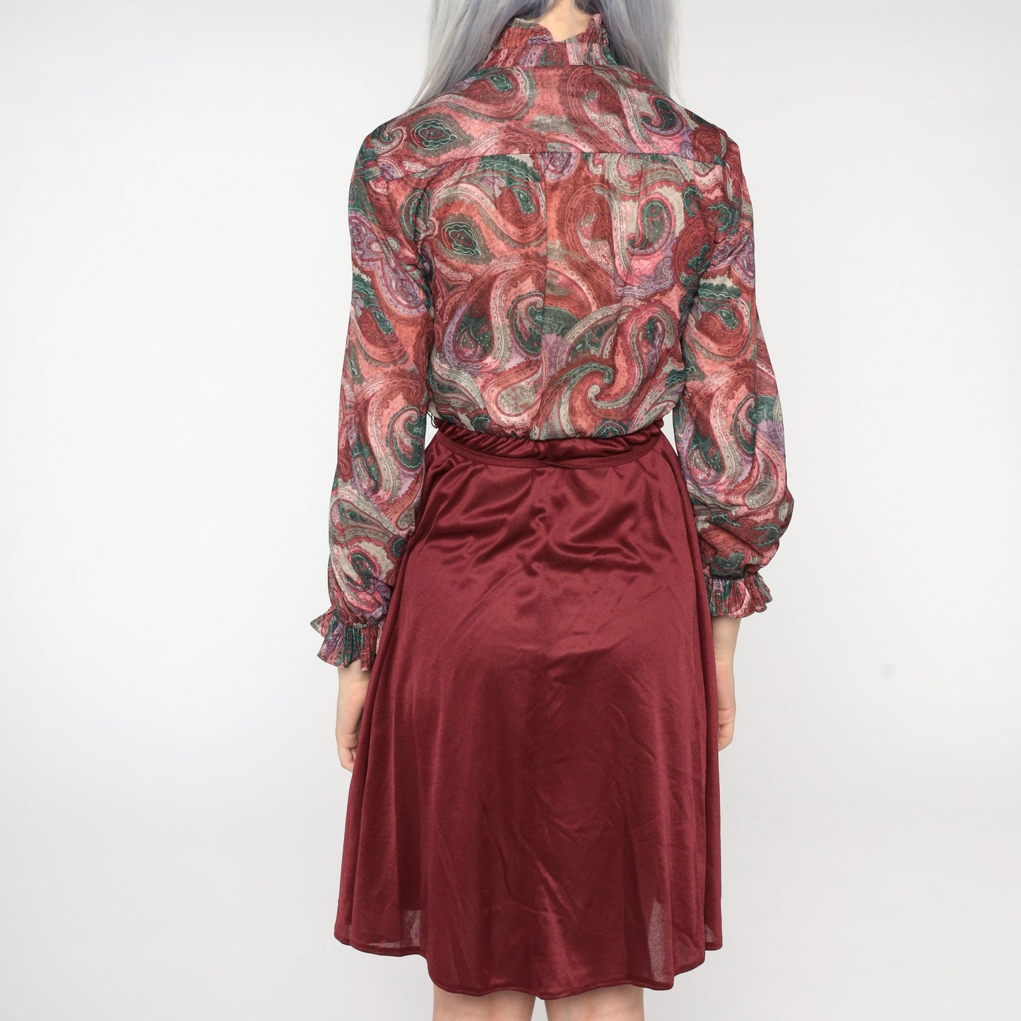 80s Paisley Mini Dress Burgundy Button-Up High Waisted Long Sleeve Small