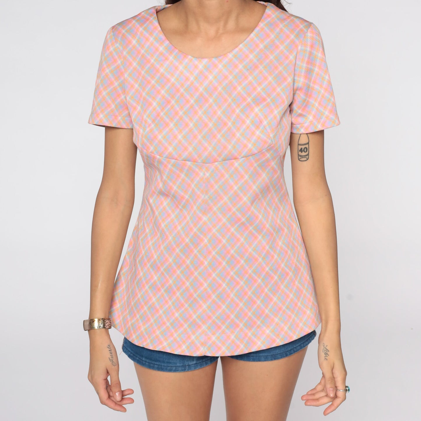 70s Pink Plaid Blouse Short Sleeve Checkered Vintage Shirt Small