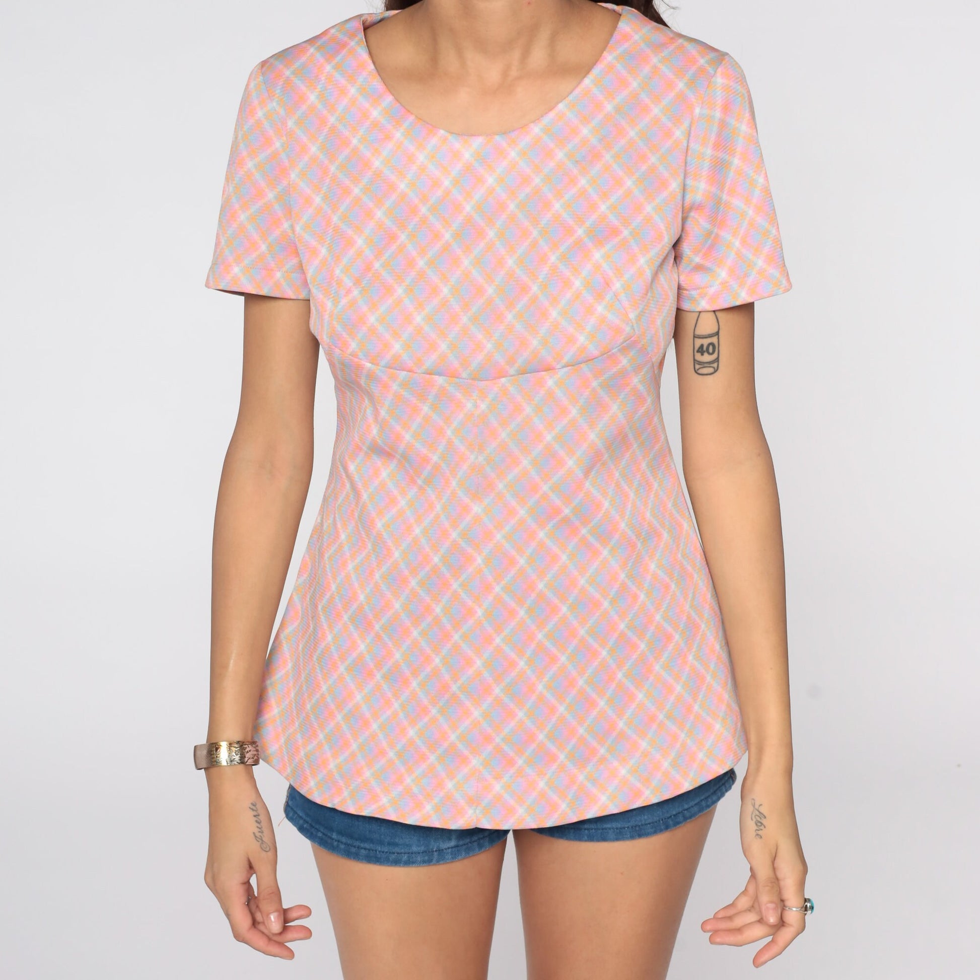 70s Pink Plaid Blouse Short Sleeve Checkered Vintage Shirt Small
