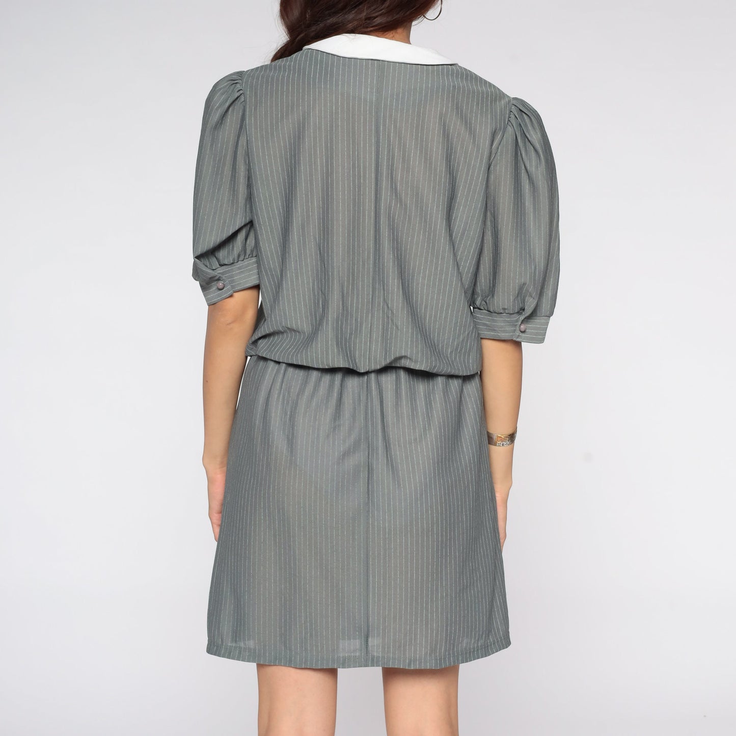 80s Grey Striped Mini Dress Puff Sleeve Ascot Necktie White Collar Medium