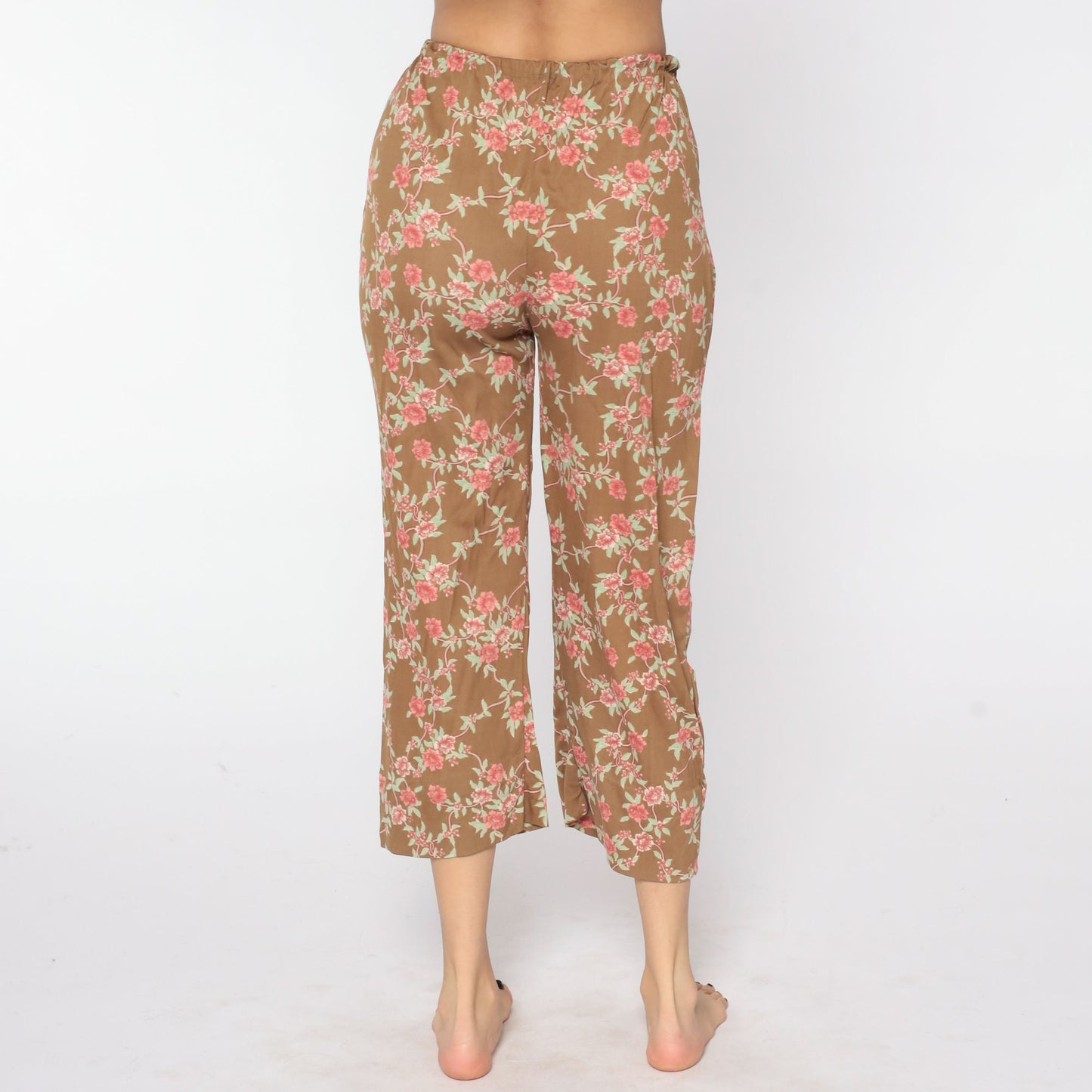 80s Floral Trousers Brown Pink Print High Waist Straight Leg Small